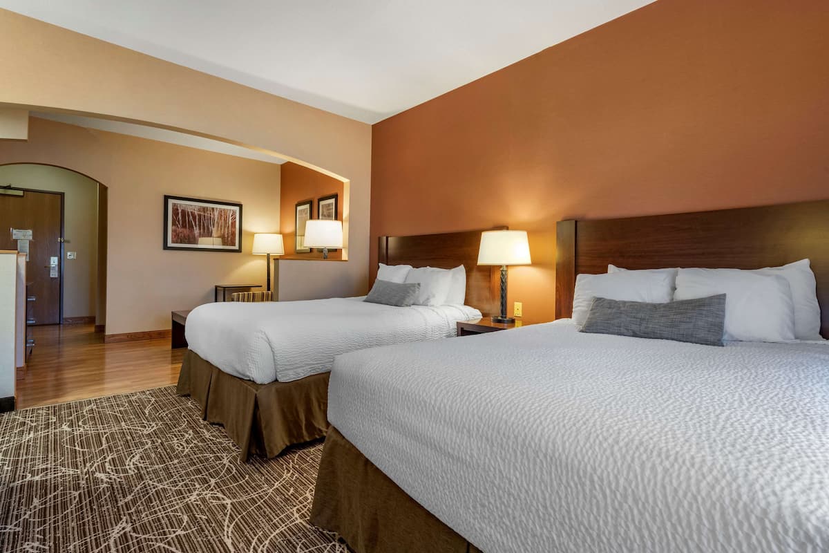 Habitación de hotel con dos camas, cabecera de madera, alfombra estampada y un cuadro en la pared.