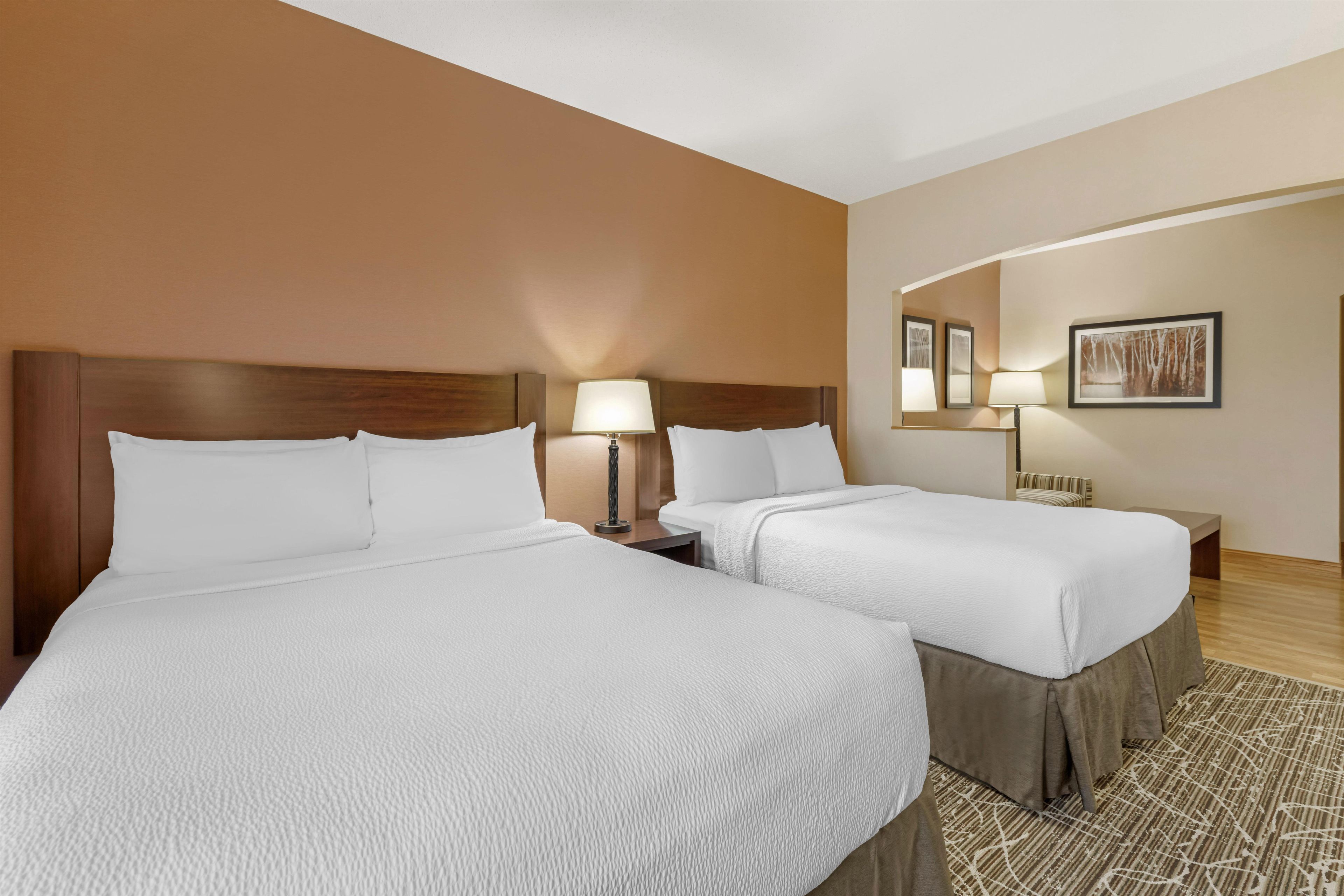 A hotel room with two beds, a nightstand, a lamp, a mirror, and a framed picture on the wall.