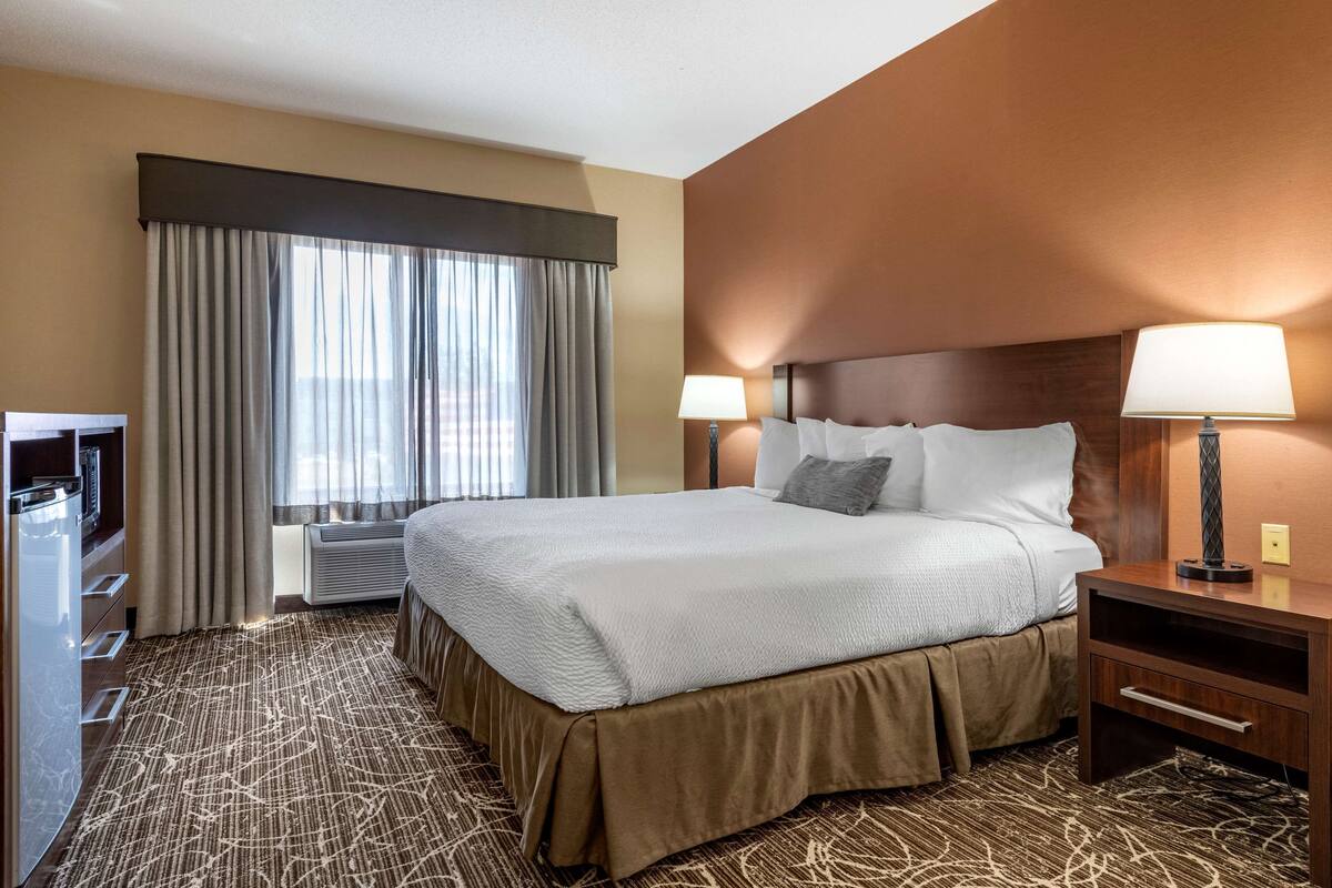 A hotel room with a large bed, two bedside lamps, a TV, and a minibar.