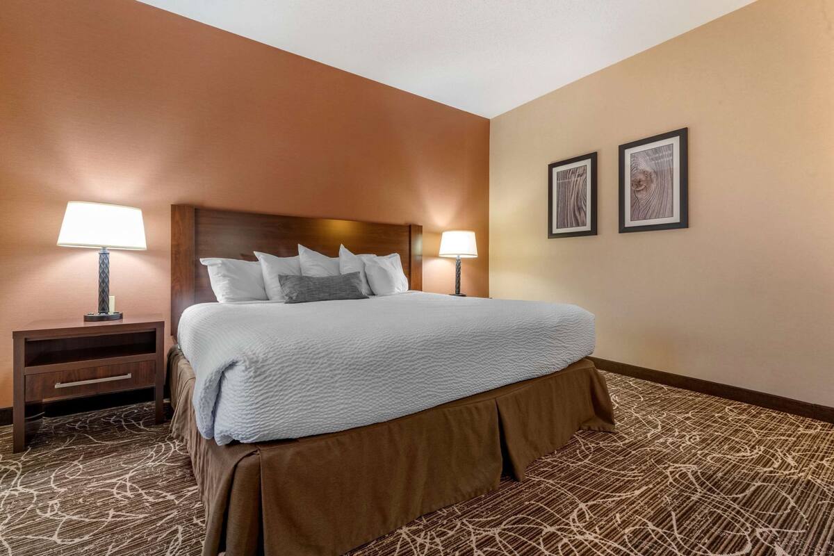 A hotel room with a large bed, two bedside lamps, a nightstand, and two framed pictures on the wall.