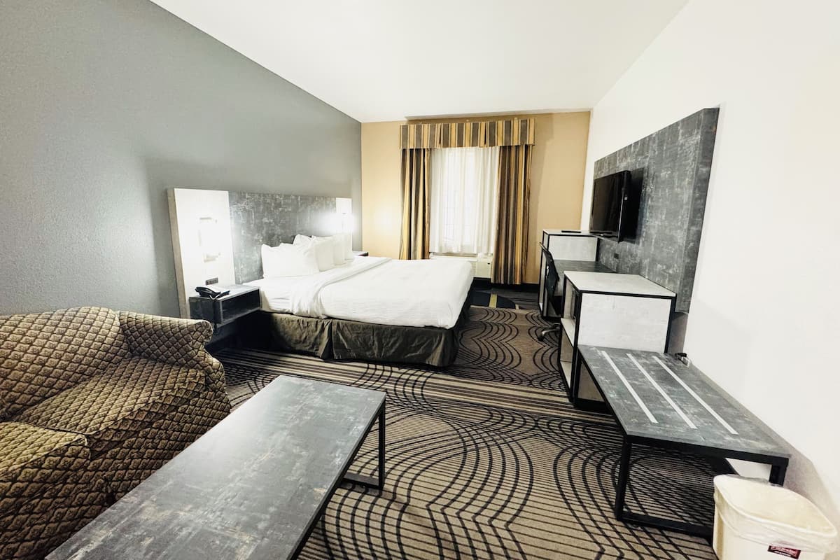 Quarto de hotel com uma cama, uma escrivaninha, uma cadeira, um sofá e uma televisão.