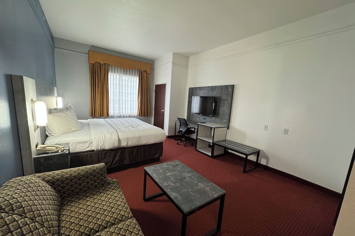 Quarto de hotel com cama, escrivaninha, televisão, sofá e mesa pequena.