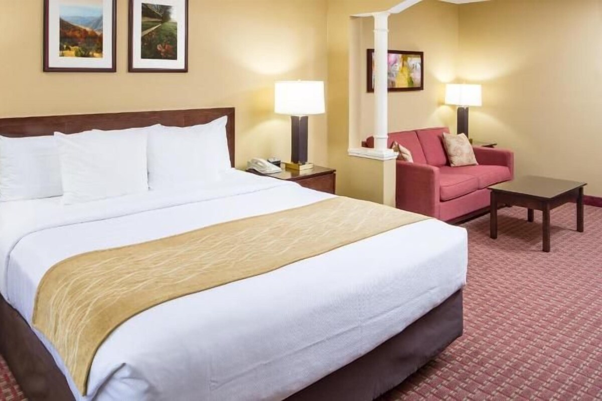 Une chambre d’hôtel avec un grand lit, des tables de chevet, un bureau, une chaise et deux tableaux encadrés au mur.
