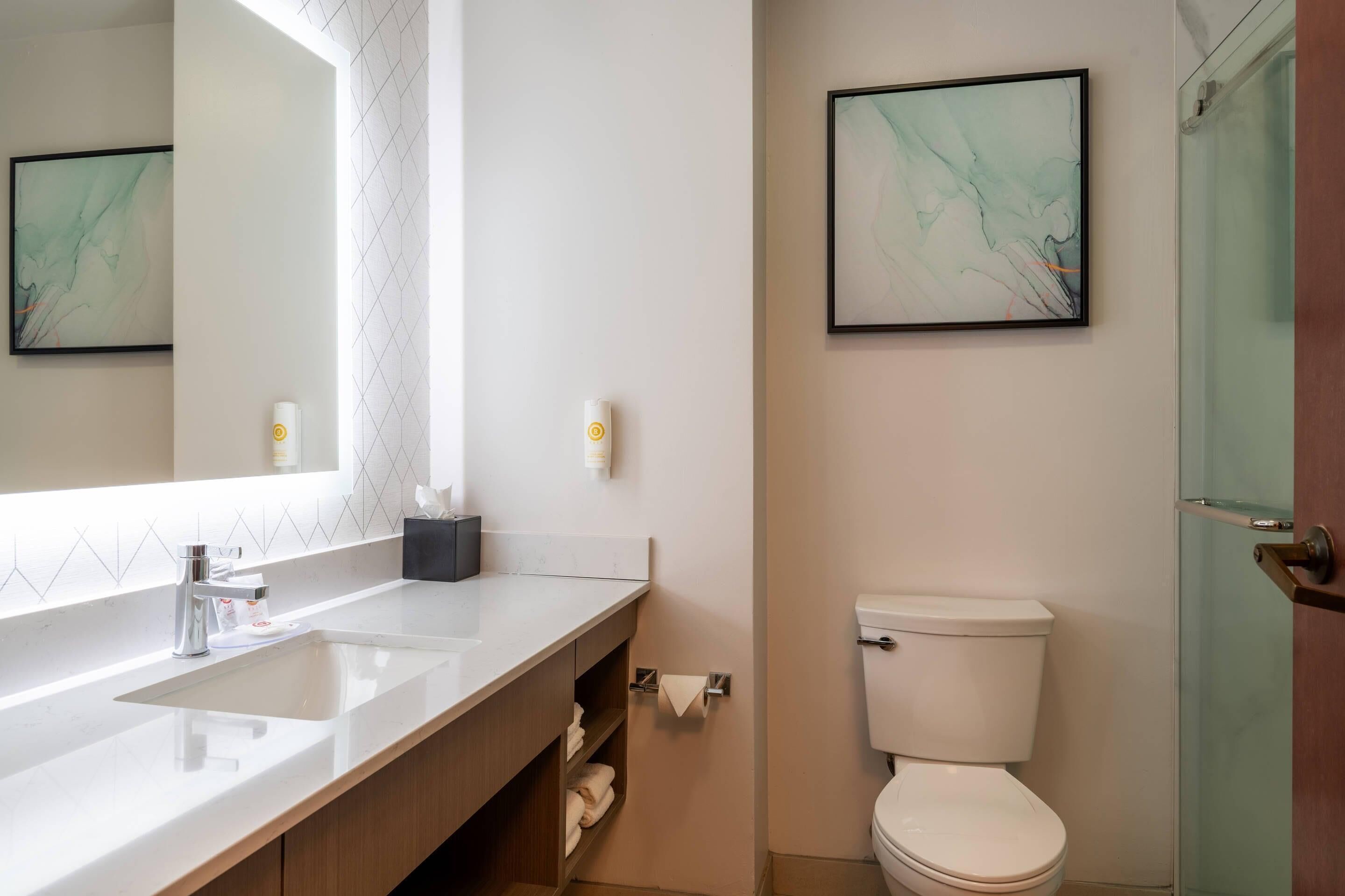 Une salle de bain moderne avec un lavabo, un miroir et des toilettes, le tout de couleur blanche. Deux œuvres d’art encadrées ornent les murs.