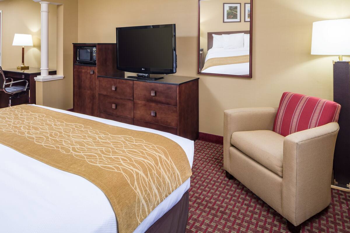 Une chambre d’hôtel avec un grand lit, un téléviseur posé sur un meuble en bois, une chaise avec un coussin rouge et une moquette à motifs.