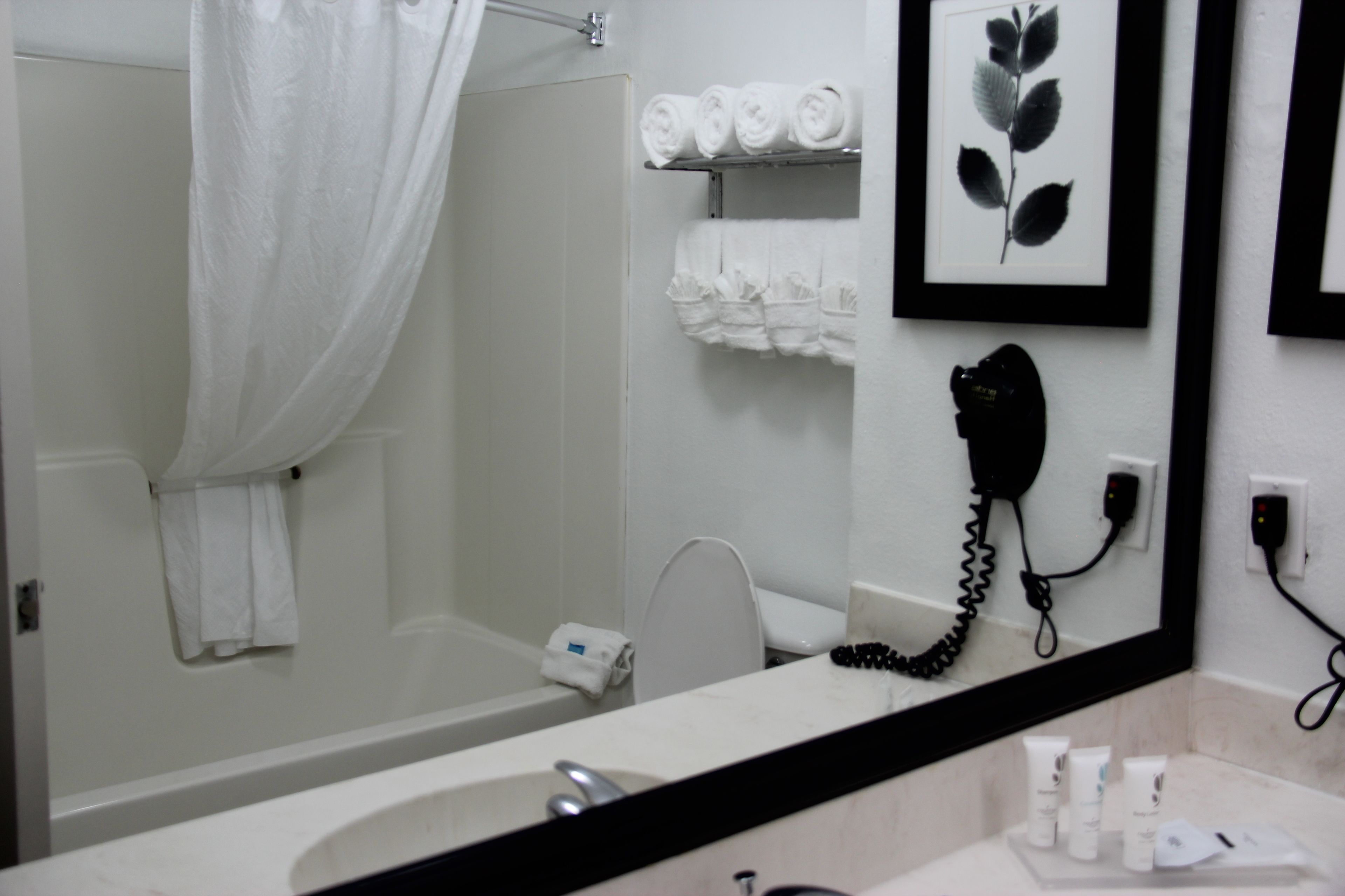 combined shower/bathtub, designer toiletries, hair dryer, towels
