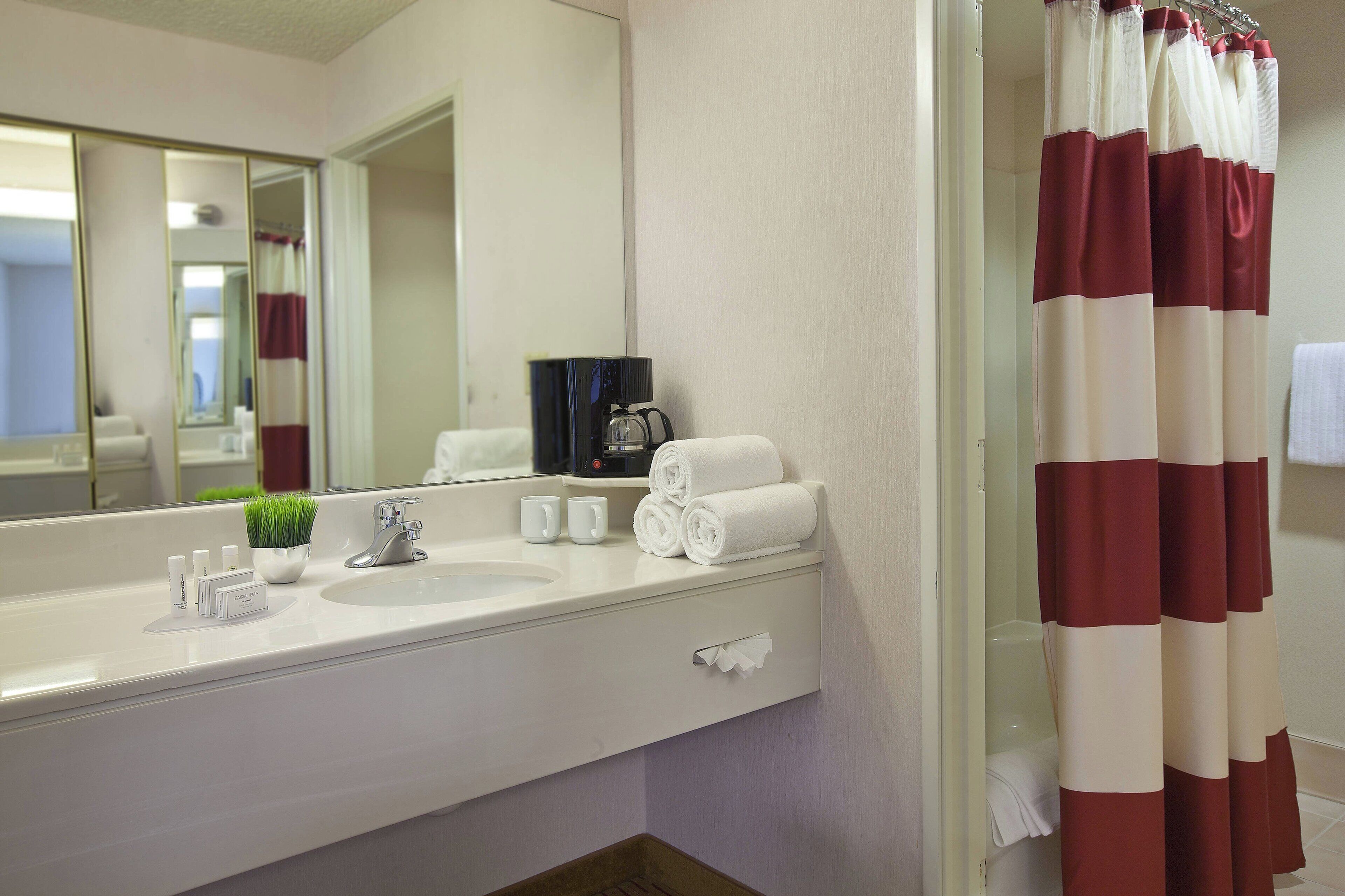 combined shower/bathtub, free toiletries, hair dryer, towels