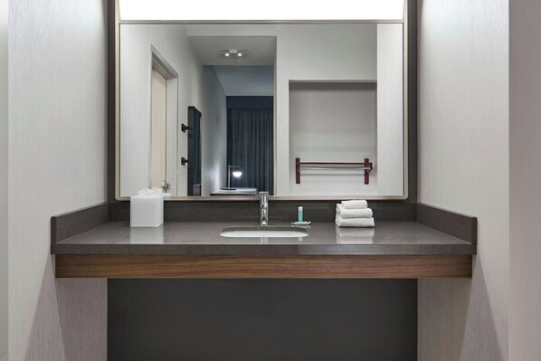 A modern bathroom with a large mirror, a sink, and a towel rack. - Courtyard by Marriott Providence Downtown (Providence)