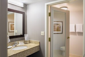 Combined shower/bathtub, free toiletries, hair dryer, towels