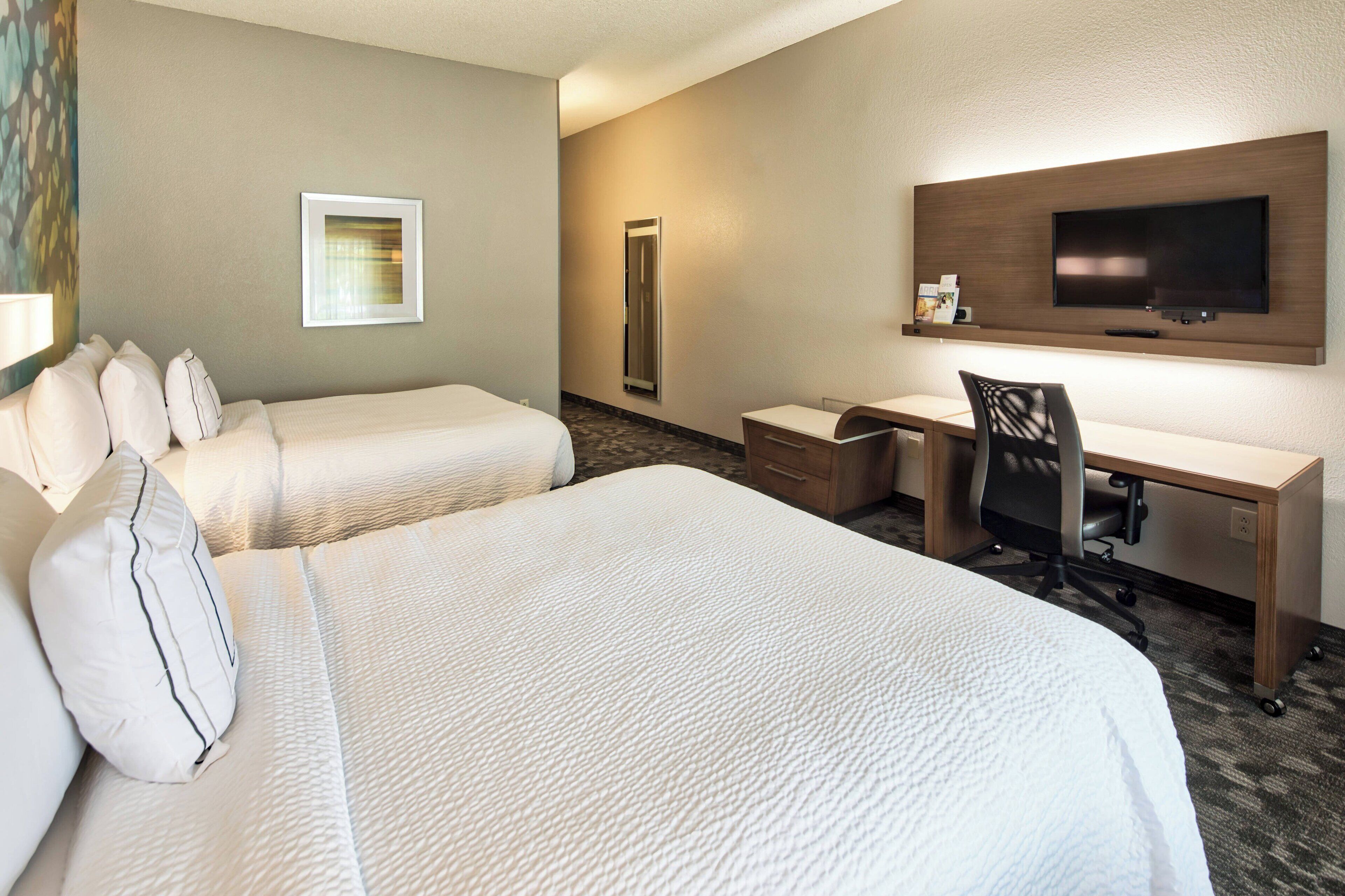 room, 2 queen beds | premium bedding, in-room safe, desk, laptop workspace