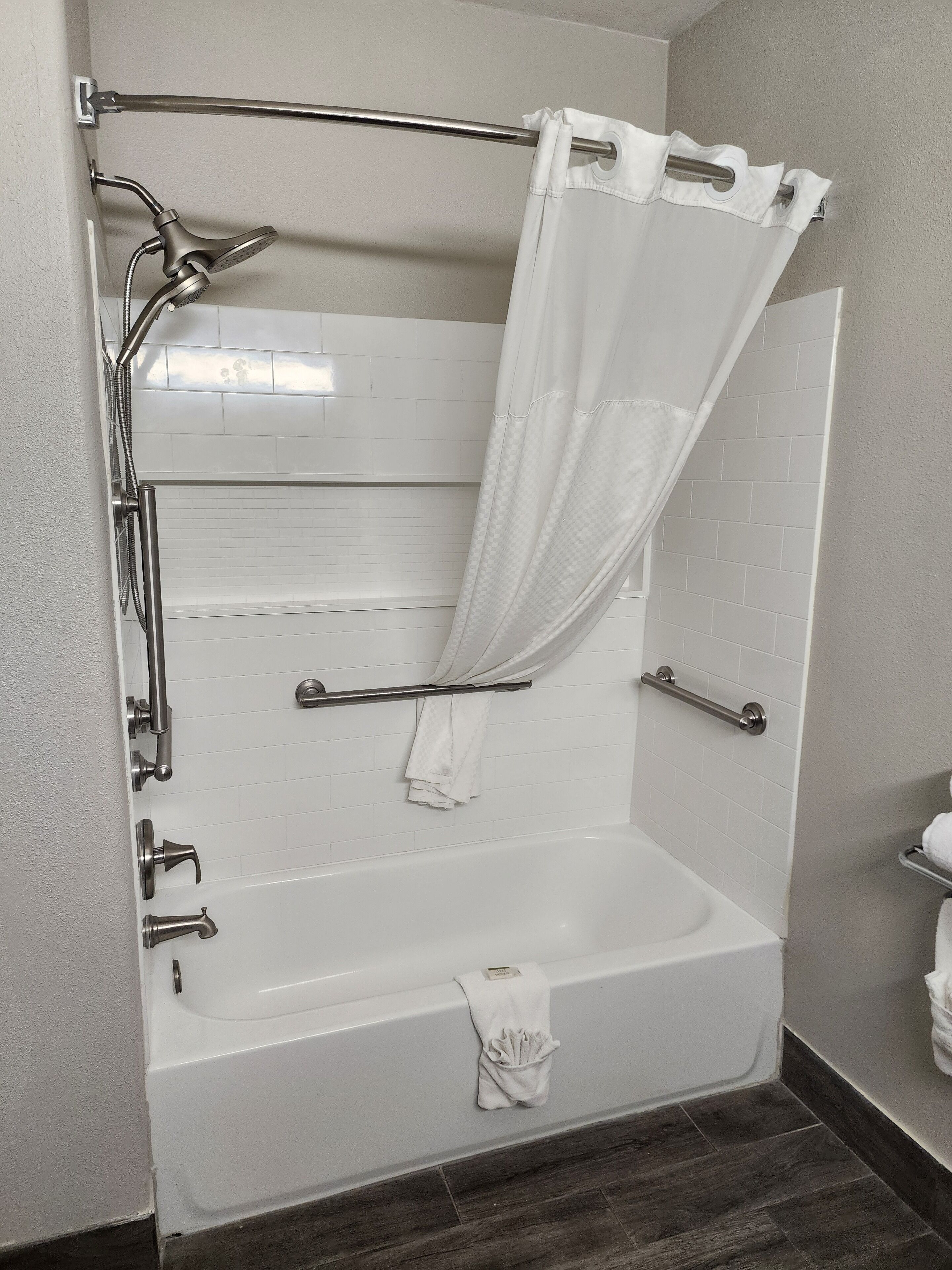 A modern bathroom with a walk-in shower, grab bars, and a bathtub.
