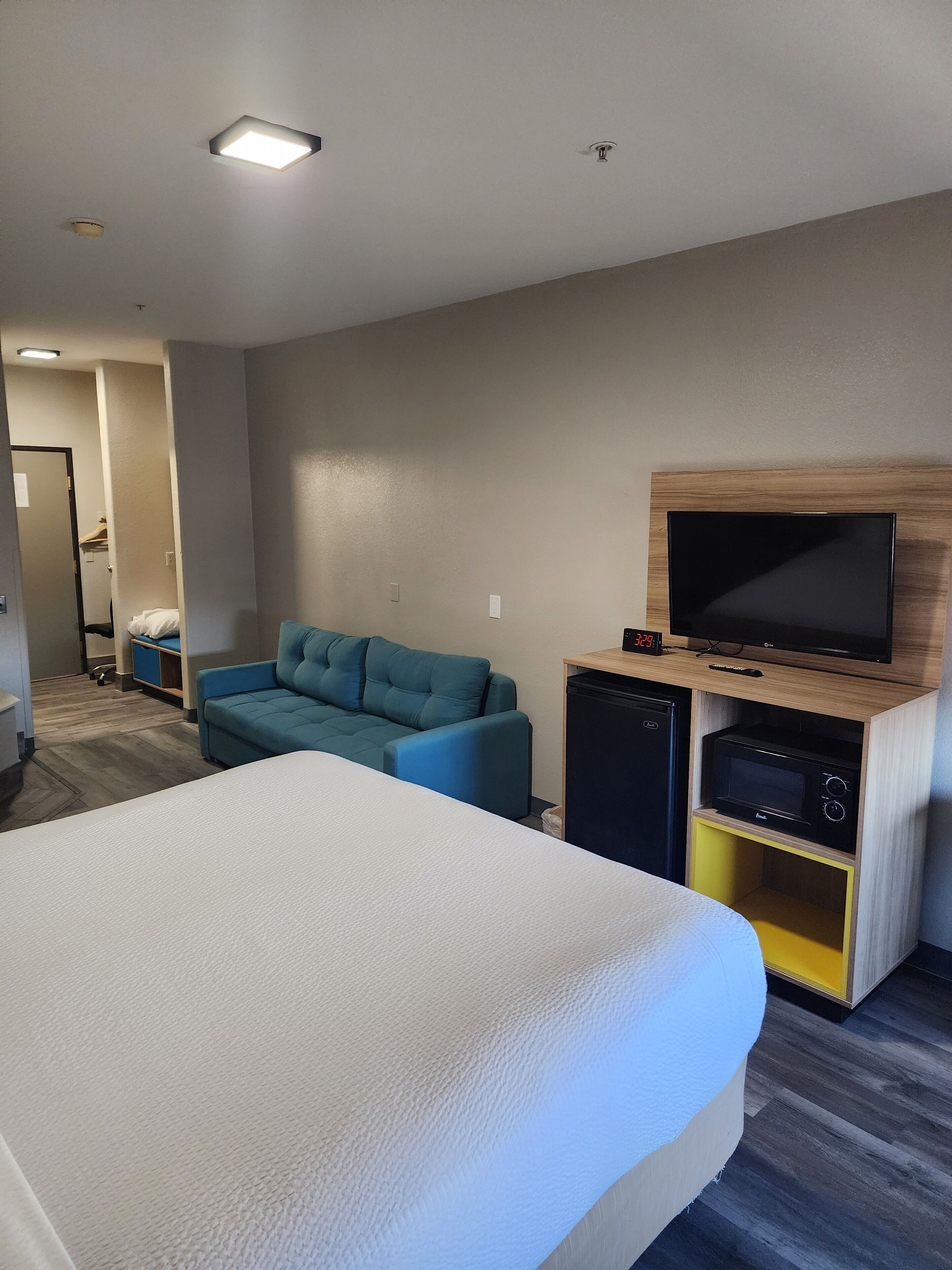 A hotel room with a large bed, a blue sofa, a TV, a microwave, and a small refrigerator.