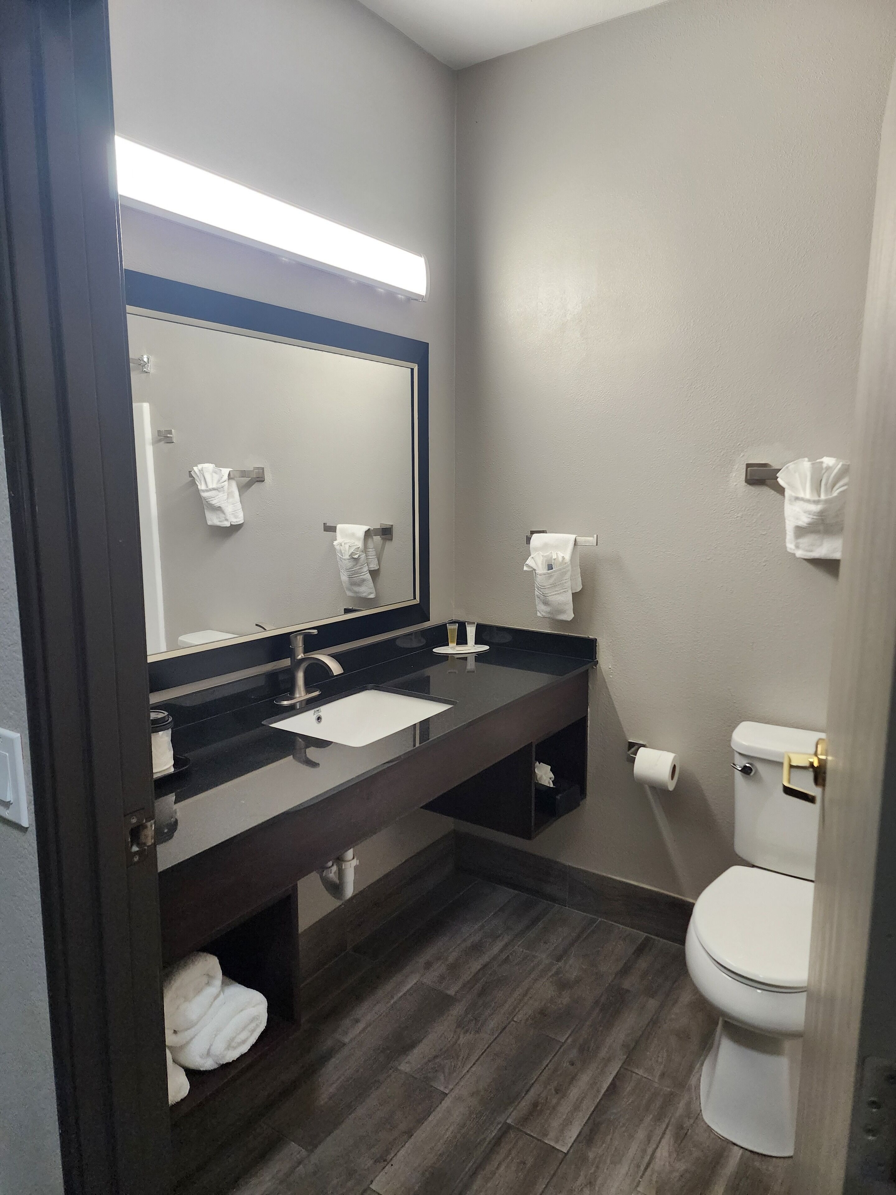 A bathroom with a dark wood vanity, a white sink, a large mirror, and a toilet.