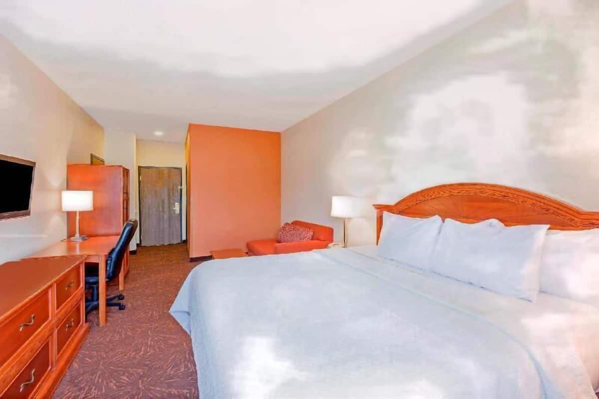 Una habitación de hotel con cama, escritorio, silla y televisor.