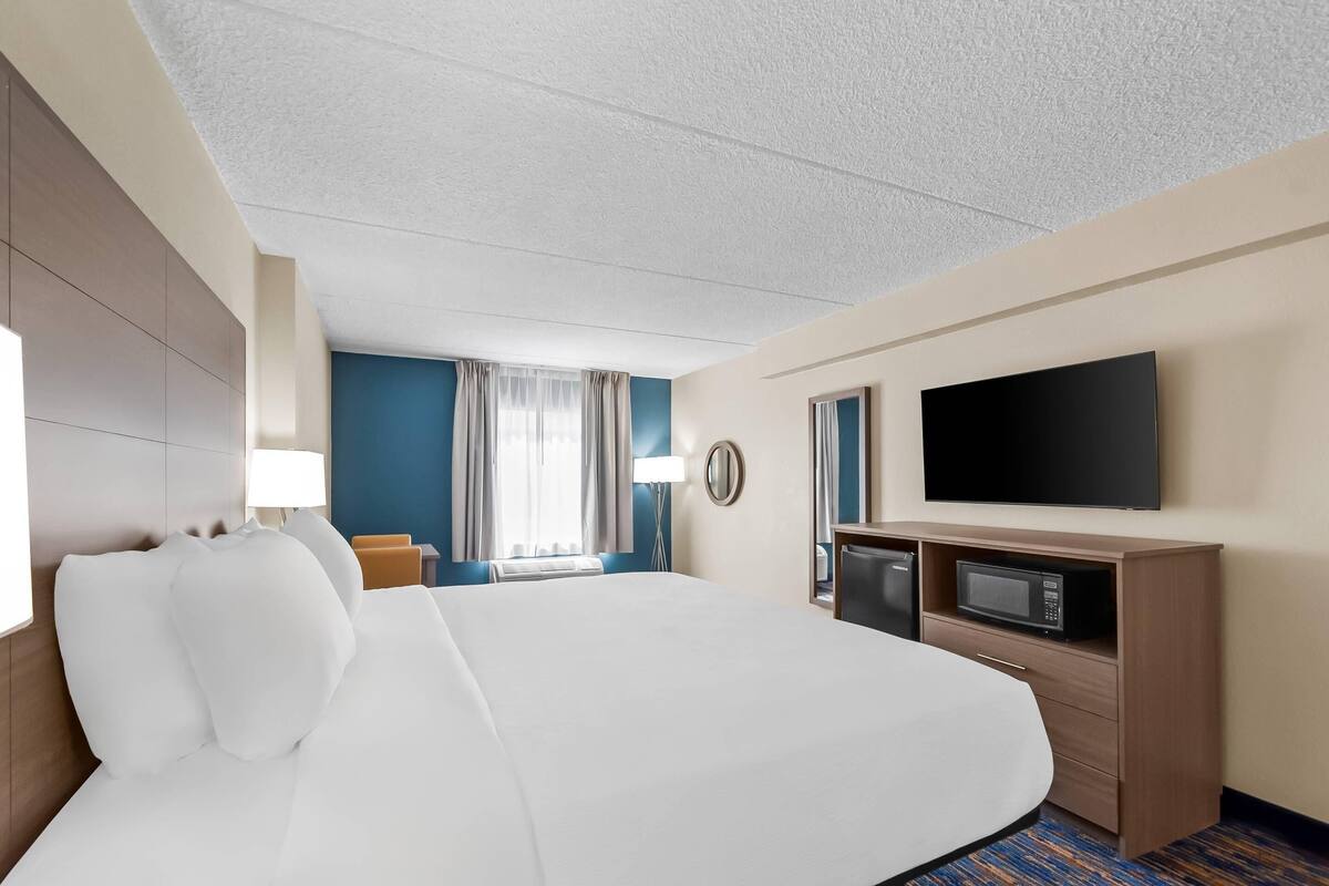 A hotel room with a large bed, a flat-screen TV, a microwave, and a desk with a chair.