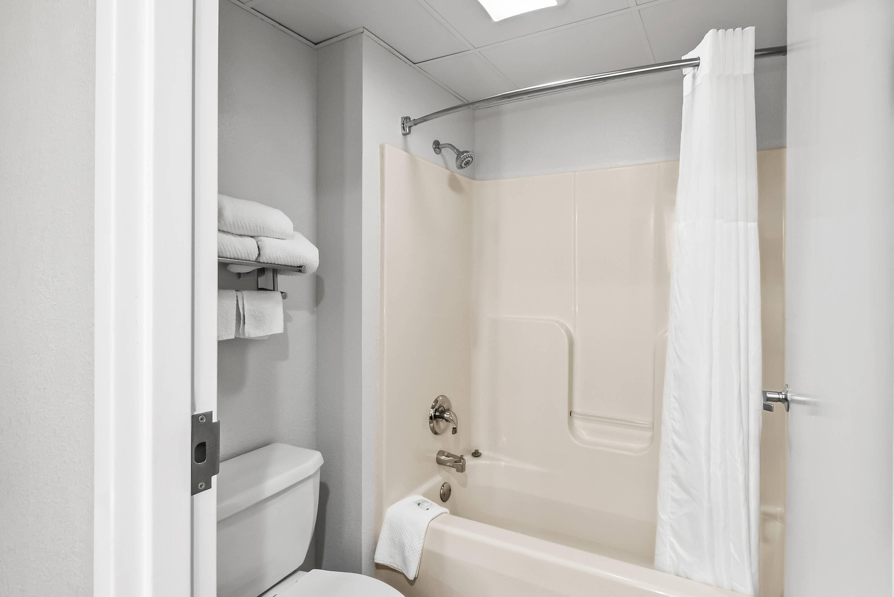 A bathroom with a toilet, a bathtub, and a shower curtain.