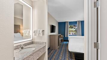 Habitación de hotel con baño, cama, televisor y ventana con vista a zonas verdes.