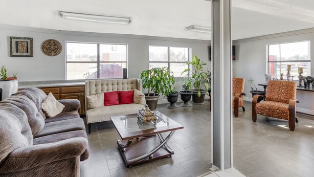A spacious living room with a sofa, armchairs, and a coffee table. There are large windows and potted plants.
