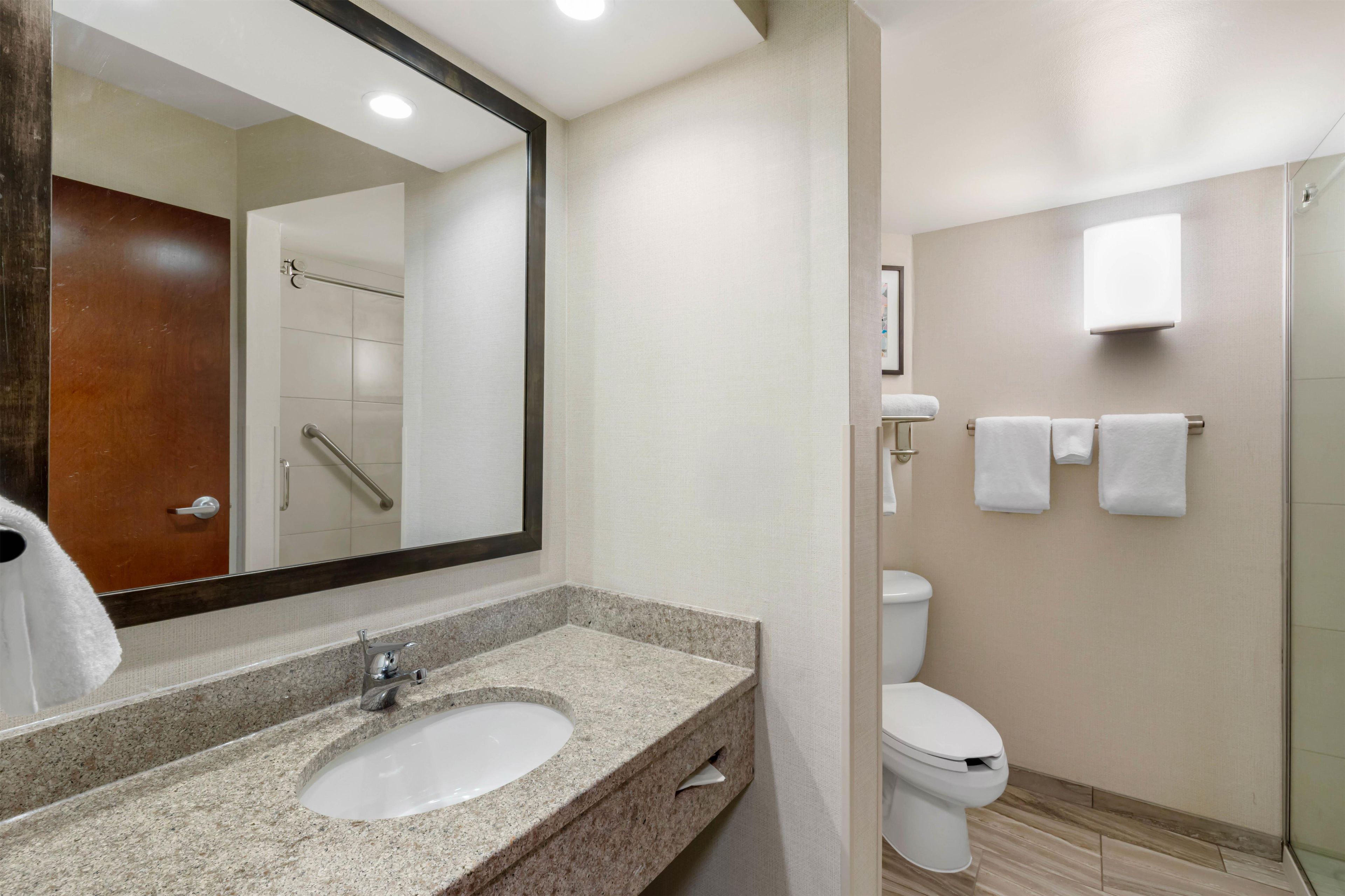 Un baño con lavamanos de encimera de granito, un espejo, inodoro y cabina de ducha de vidrio.