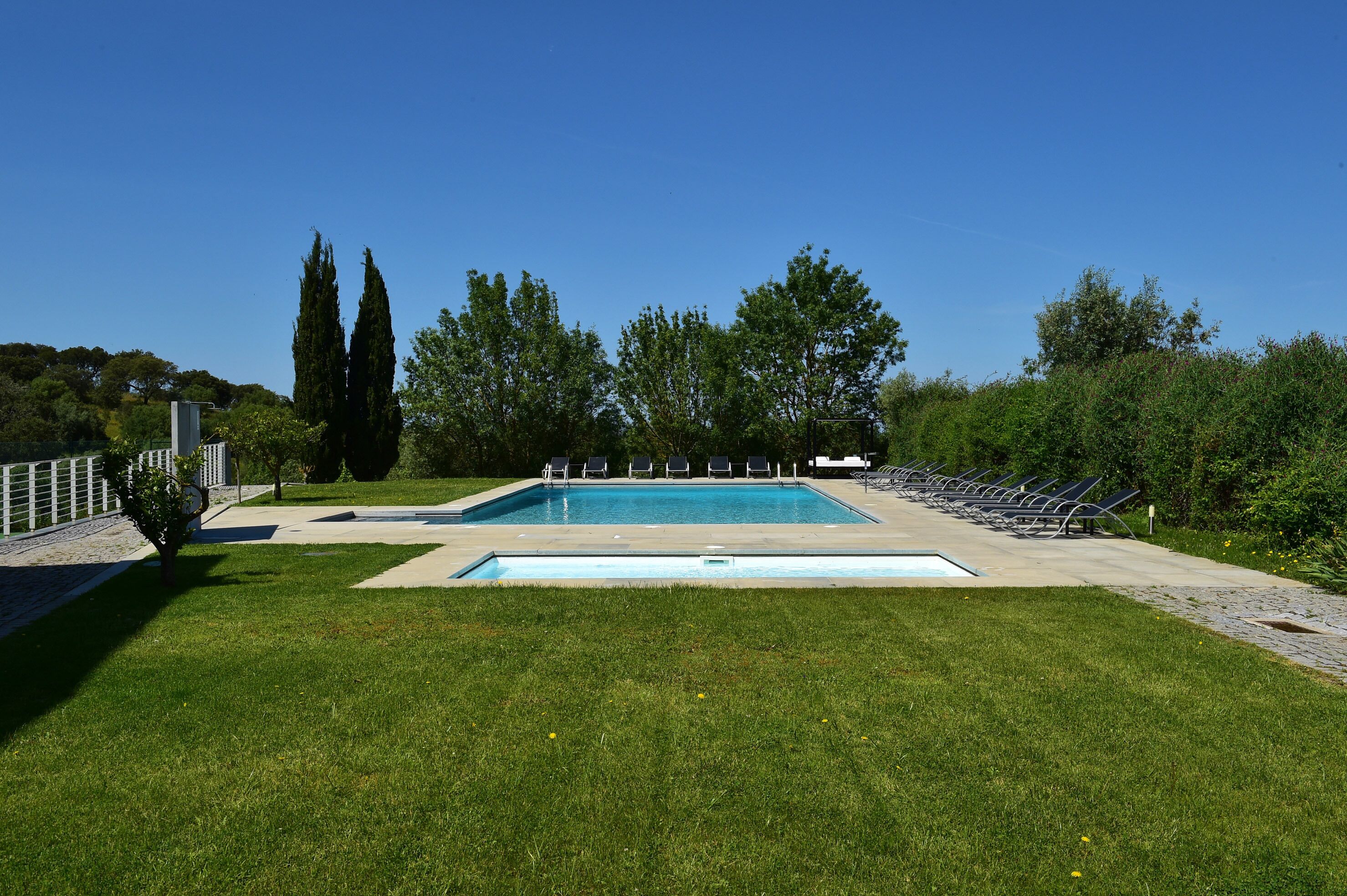 A rectangular swimming pool with a surrounding deck, surrounded by grass and trees.