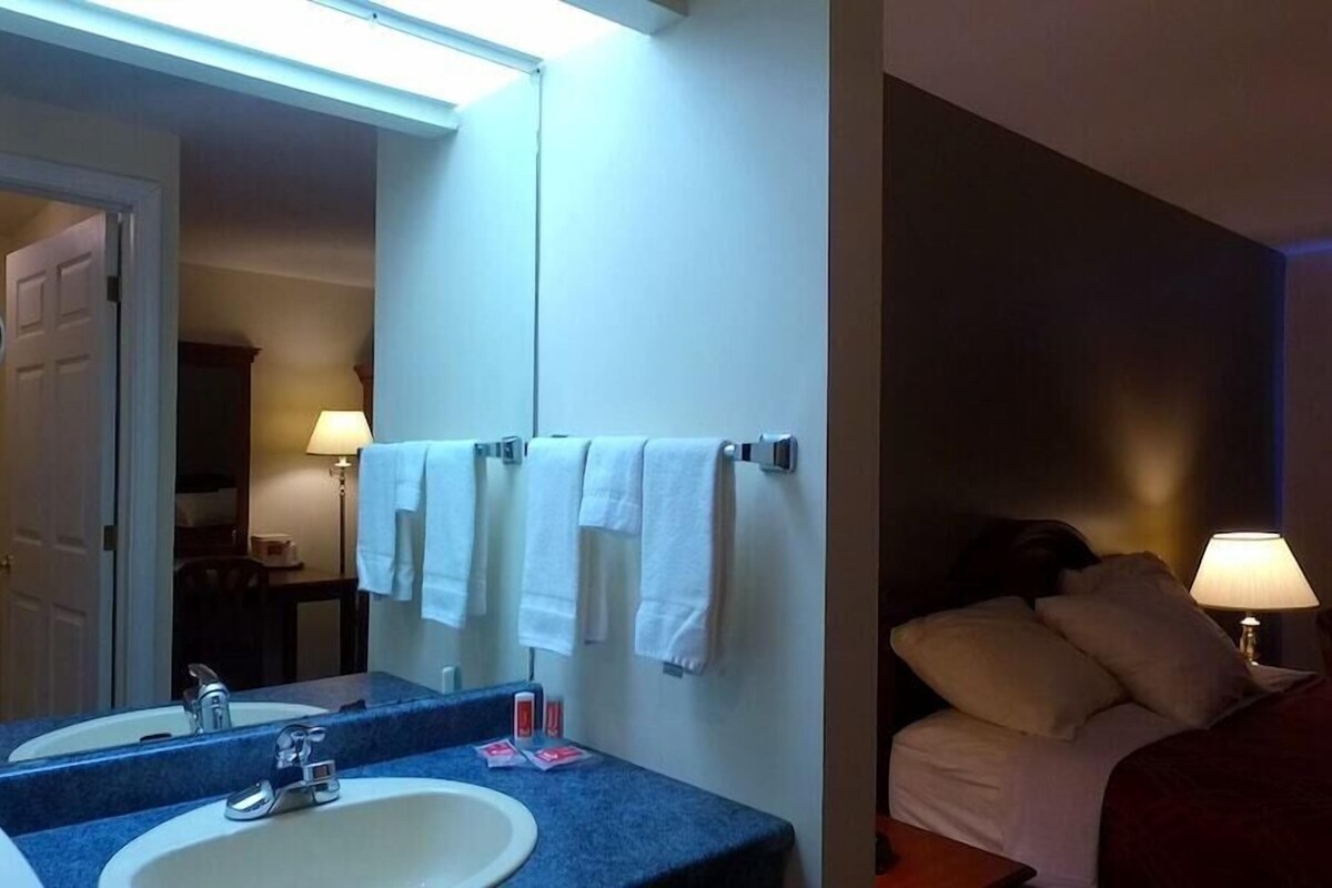 Une salle de bain d’hôtel équipée d’un lavabo, d’un miroir et d’un porte-serviettes.