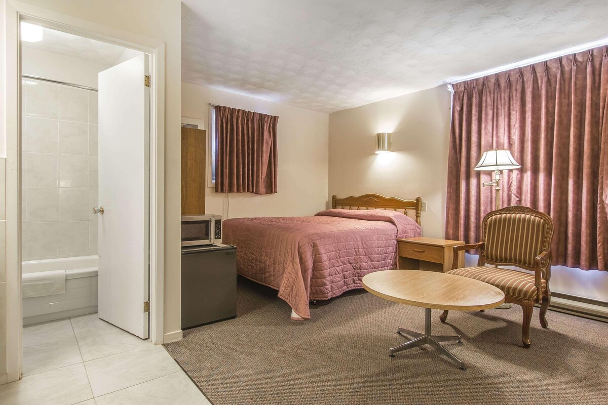Une chambre d’hôtel comprenant un lit, un bureau, une chaise, une lampe, une télévision et une salle de bain avec une baignoire et des toilettes.