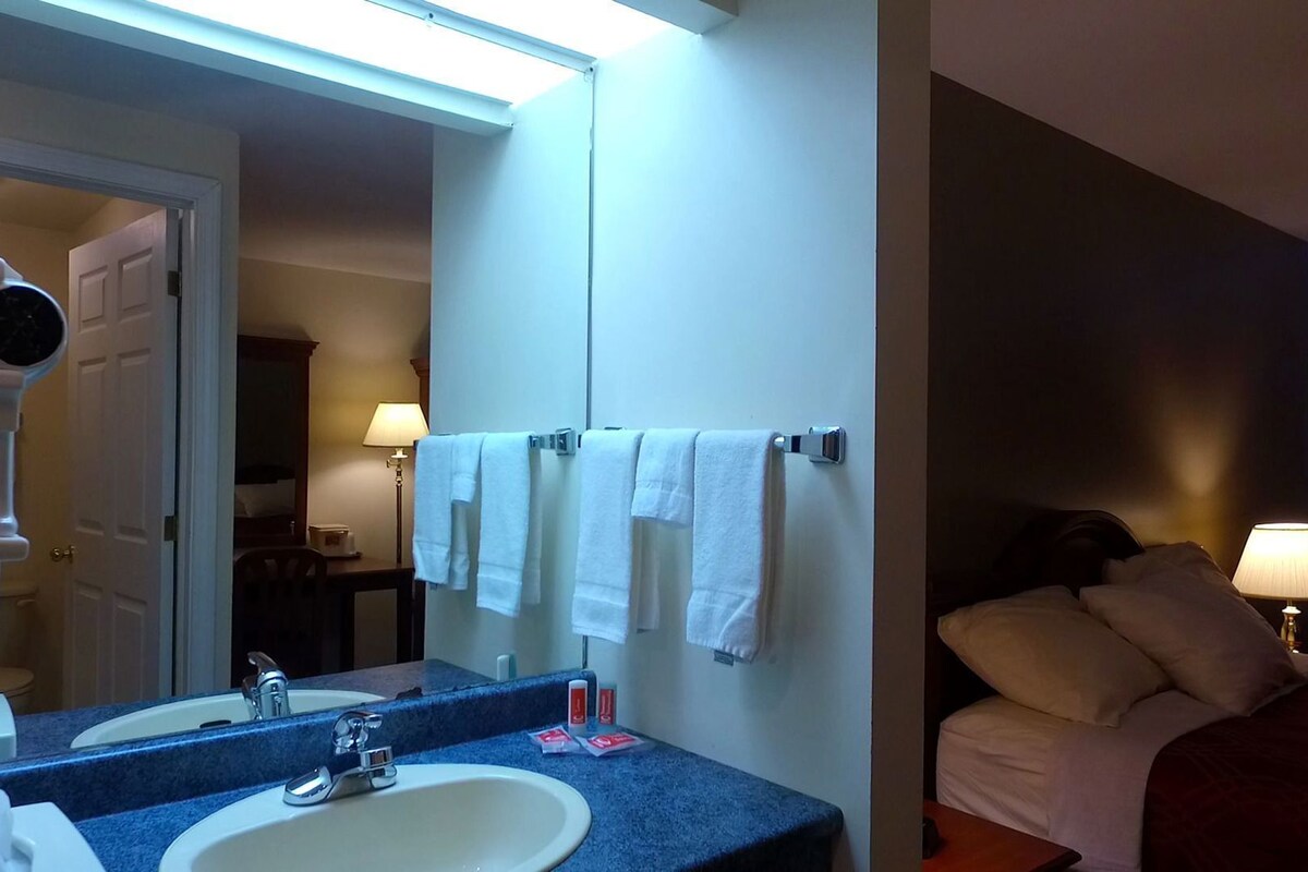 Une salle de bain d’hôtel avec deux lavabos, un miroir et un porte-serviettes.