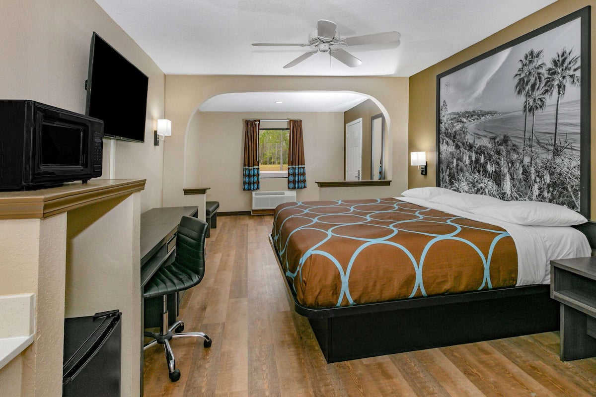 A hotel room with a bed, a desk, a chair, a television, and a ceiling fan.