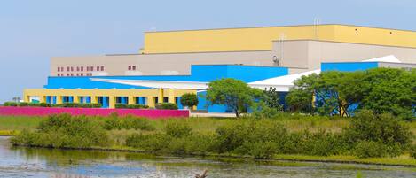 A large industrial building with multiple sections, including a yellow and blue section, and a pink wall.