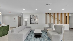 A modern living room with a grey sofa, a white coffee table, and a blue patterned rug.