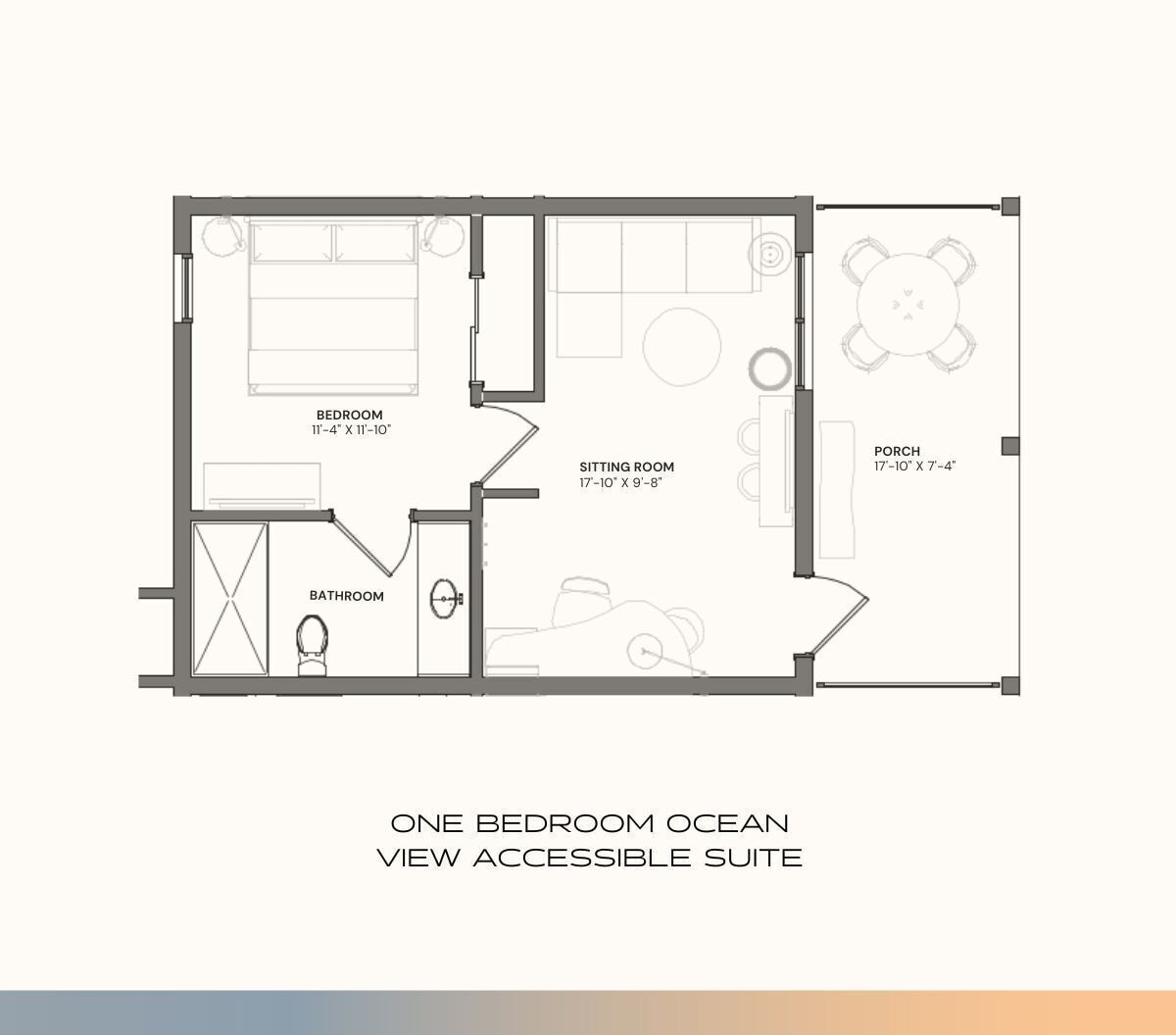 A one-bedroom ocean view accessible suite with a bedroom, sitting room, bathroom, and porch.