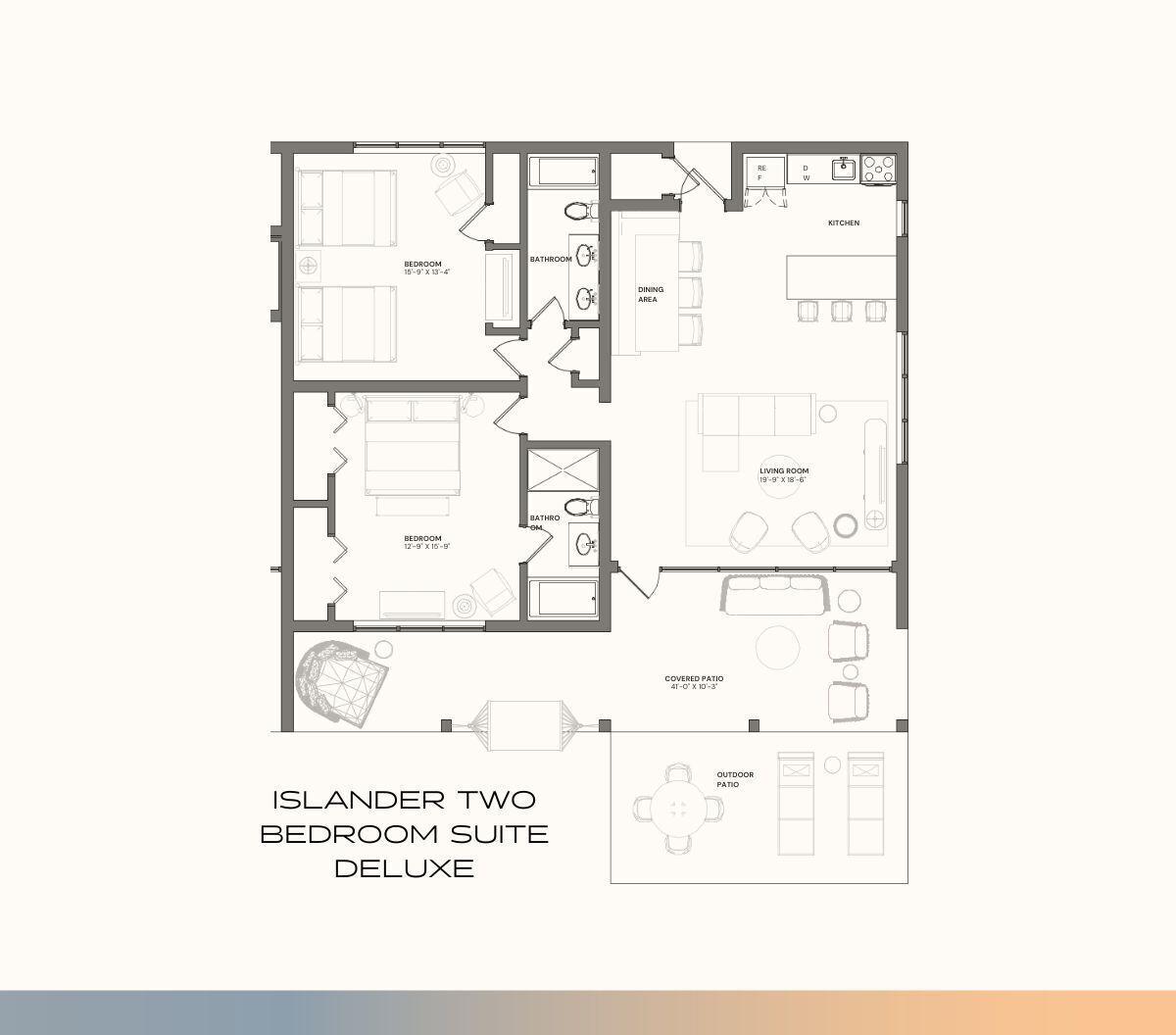 A floor plan of a two-bedroom suite with a covered patio, kitchen, dining area, and an outdoor seating area.