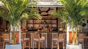 A bar area with a wooden counter, bar stools, and potted plants. - Islander Resort (Islamorada)