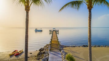 A wooden pier leading to a boat dock, with two kayaks on the beach and palm trees framing the scene.