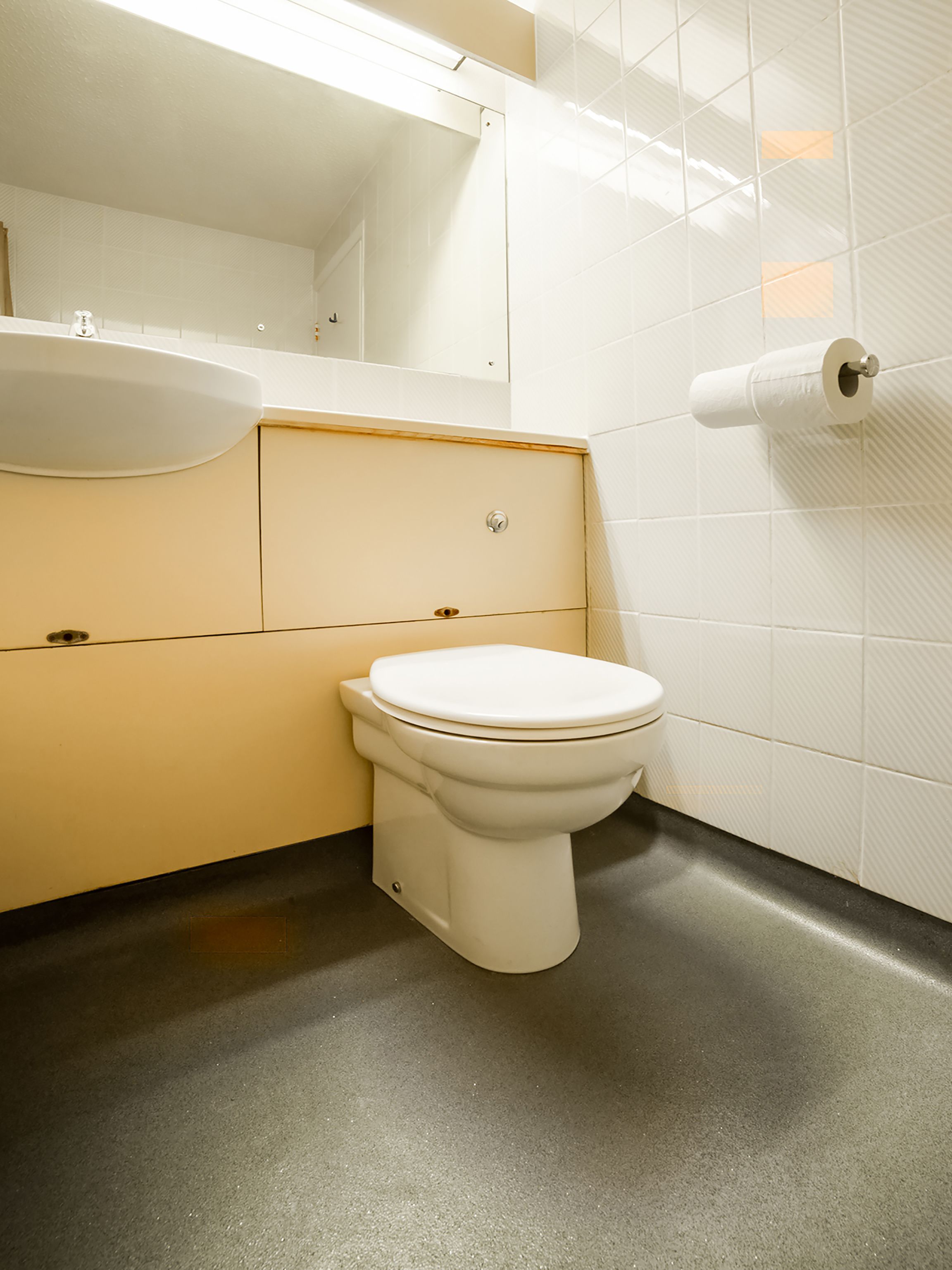 A bathroom with a toilet, sink, and toilet paper holder.