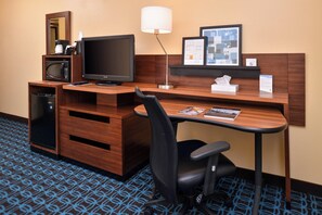 Desk, laptop workspace, blackout curtains, iron/ironing board