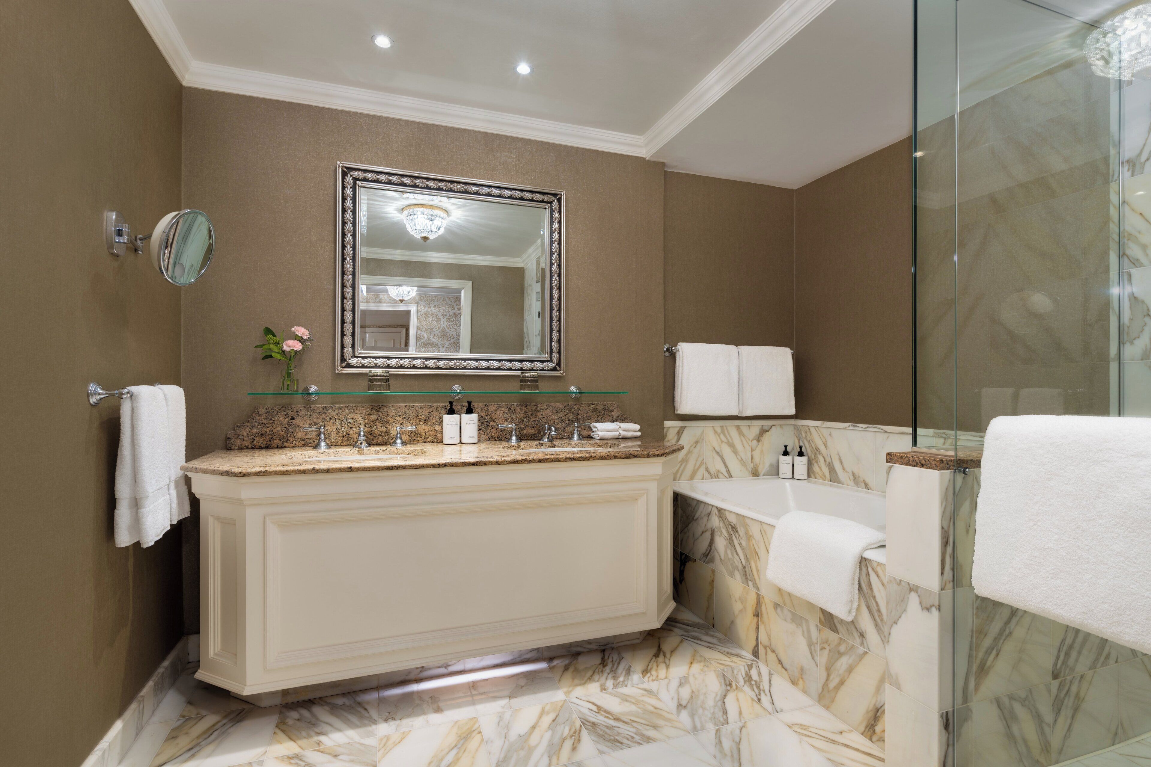 separate bathtub and shower, free toiletries, hair dryer, bathrobes