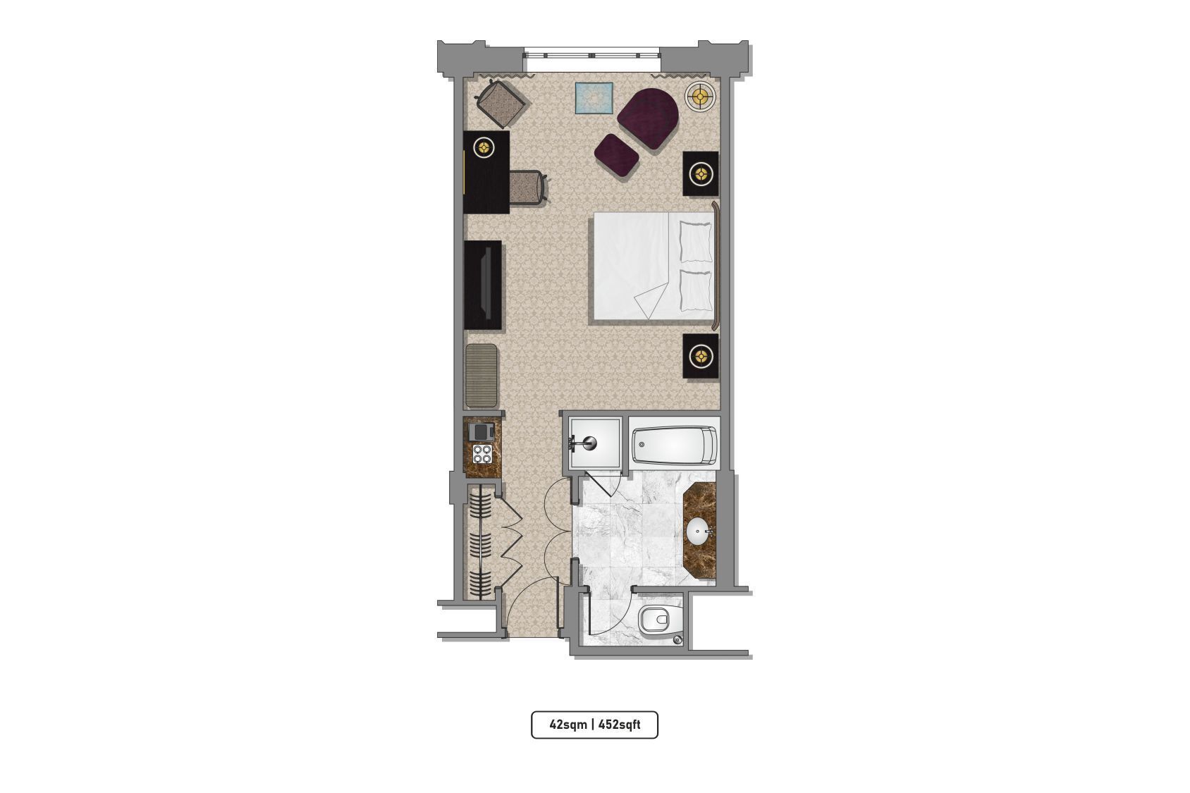 A floor plan of a hotel room with a bathroom, a sitting area with a sofa and a table, and a small kitchen area.