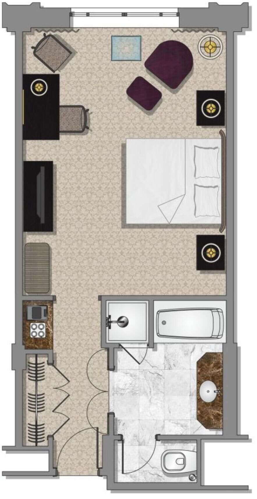 A hotel room layout with a bed, two bedside tables, a desk, a chair, a wardrobe, a bathroom with a shower, toilet, and sink.