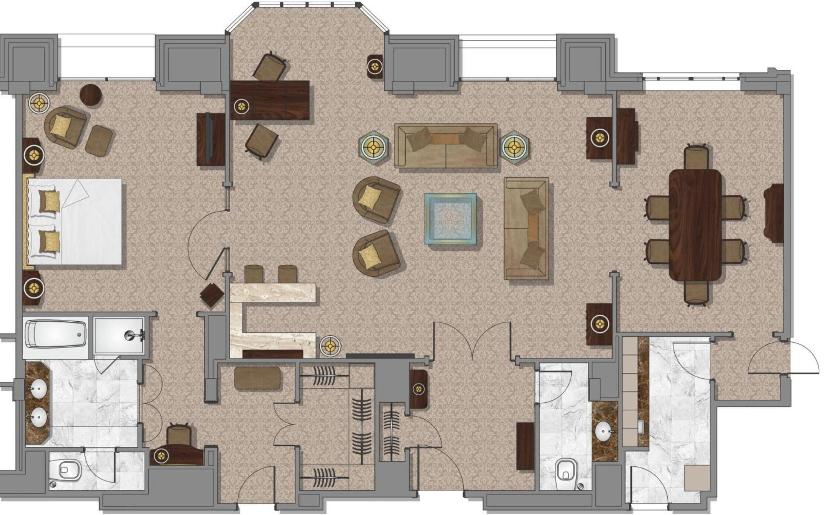 A hotel floor plan with multiple bedrooms, a dining area, a living room, and a bathroom.