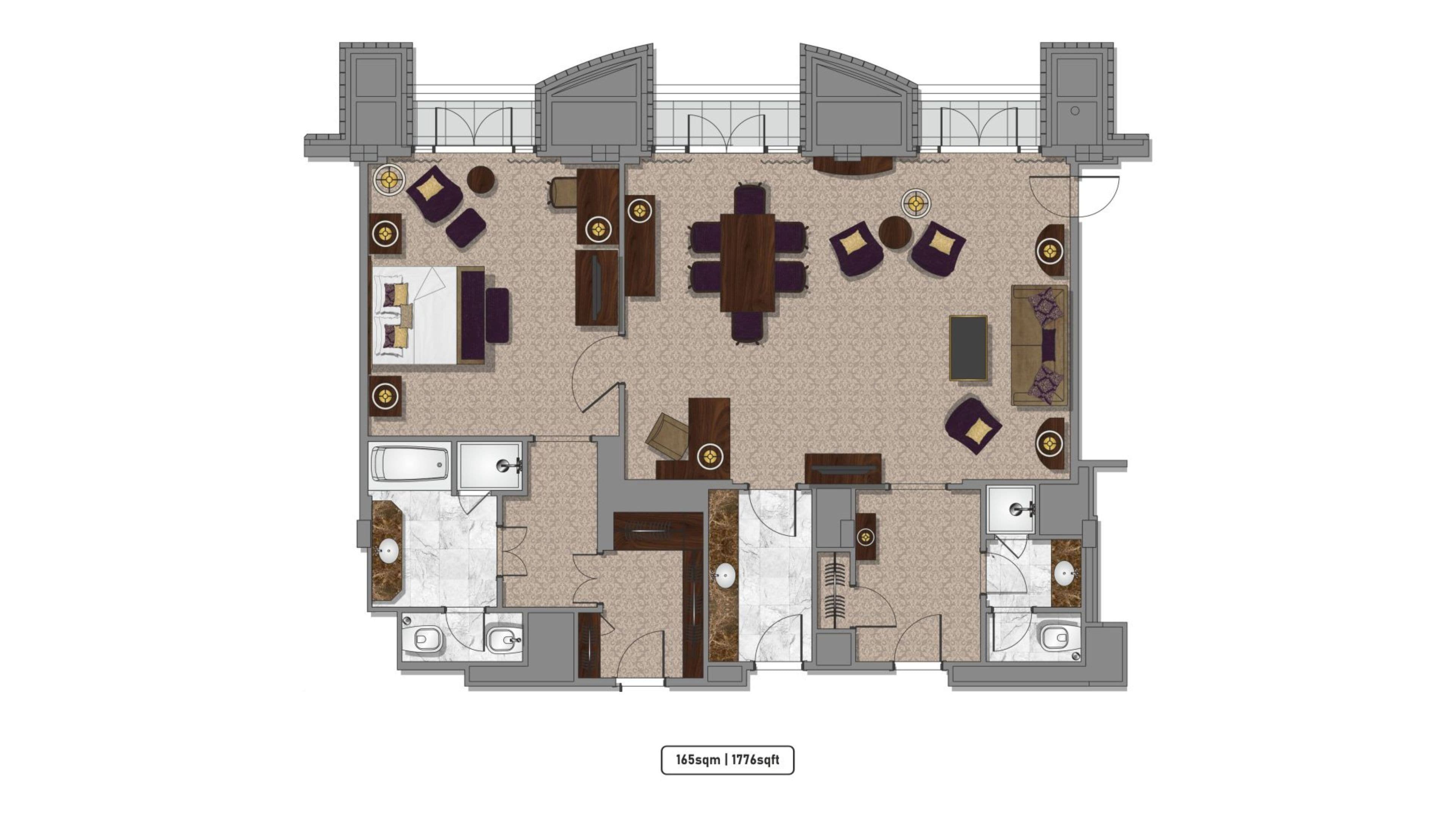 Plano de un hotel que muestra un comedor central, varias habitaciones, un baño y un balcón.