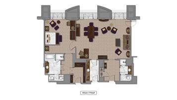 Plano de un hotel que muestra un comedor central, varias habitaciones, un baño y un balcón.