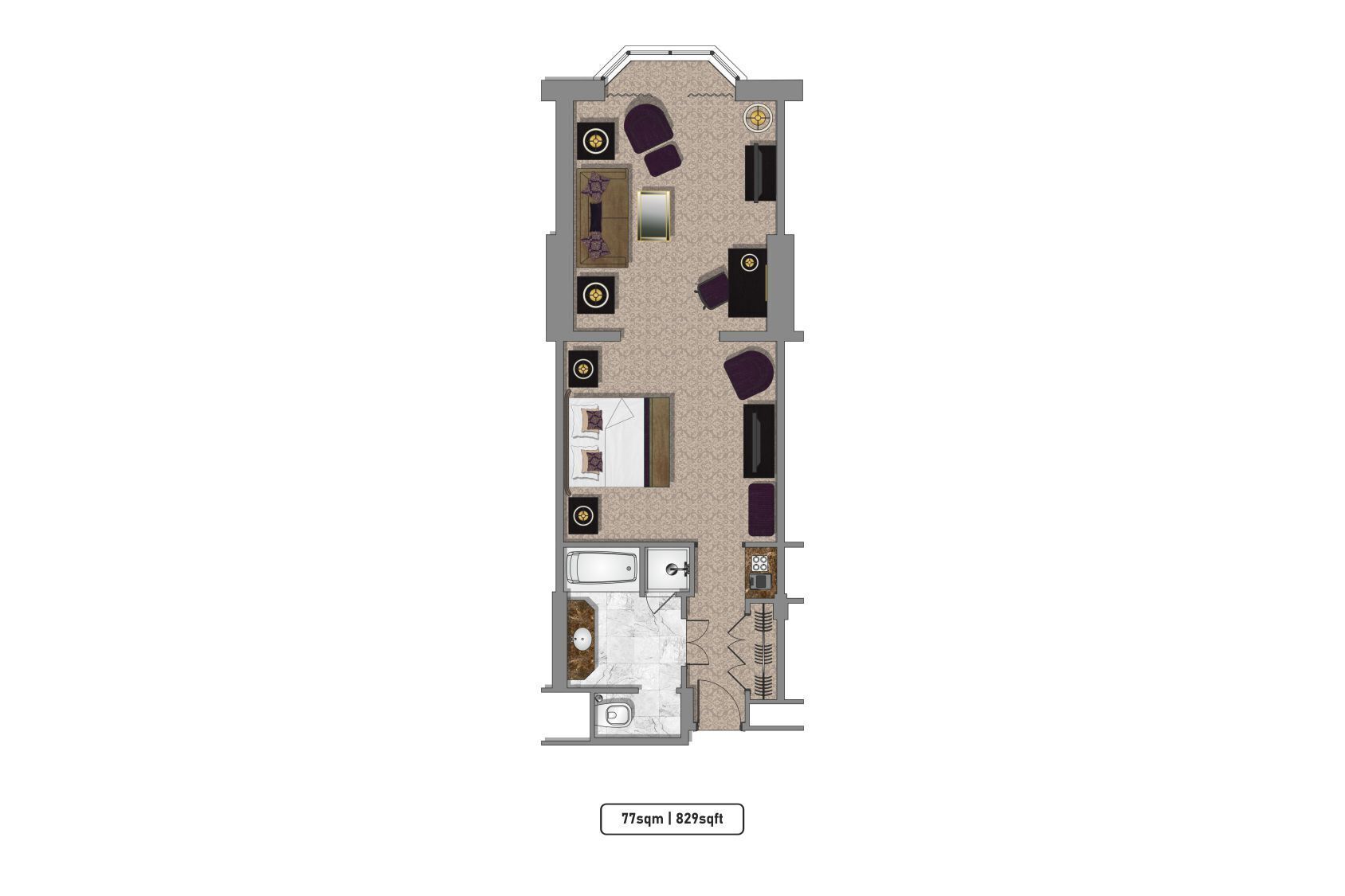 Distribución de una habitación de hotel con cama, dos zonas de estar, baño y una pequeña cocina.