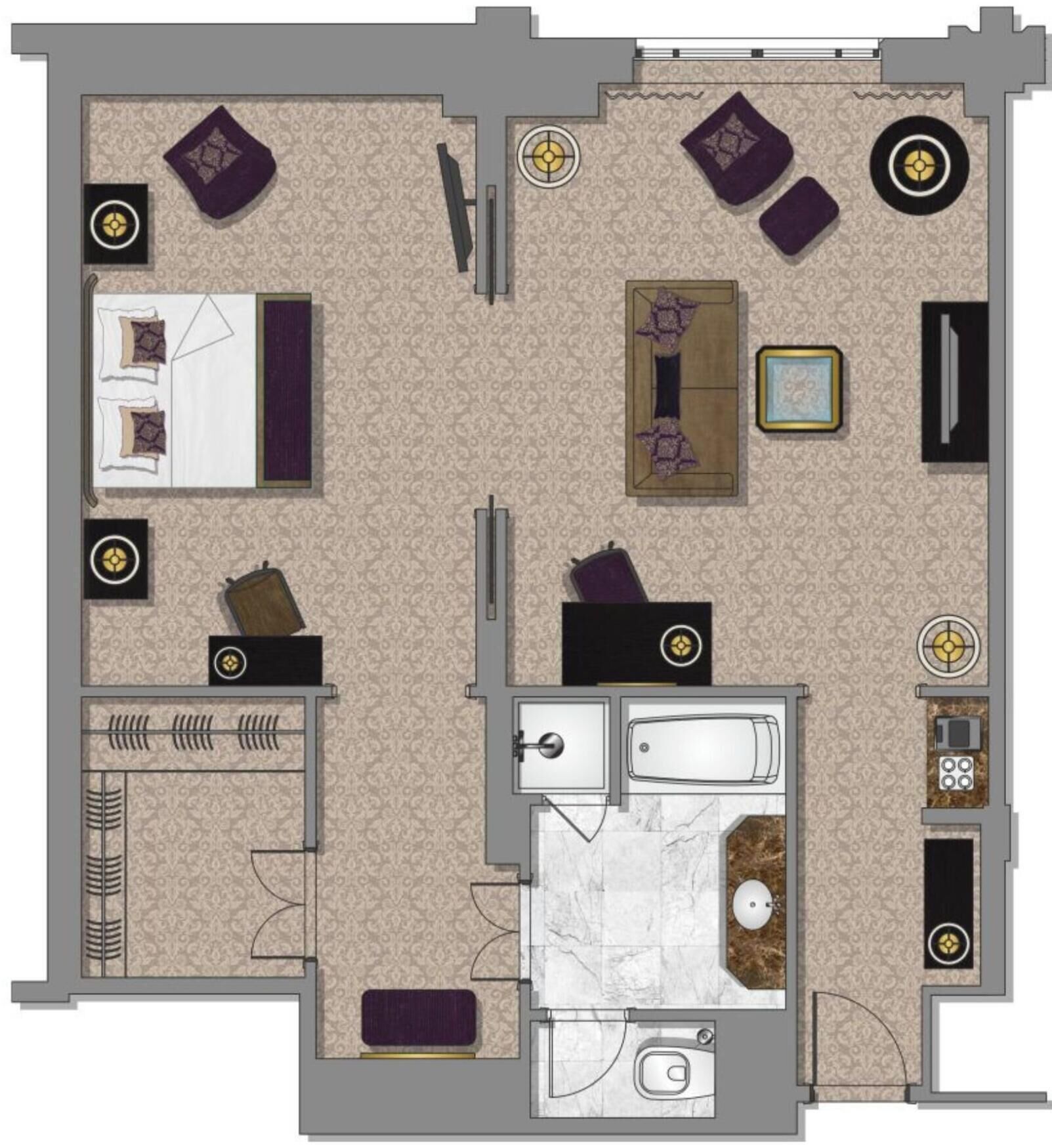 A hotel room layout with a bed, seating area, bathroom, and kitchenette.