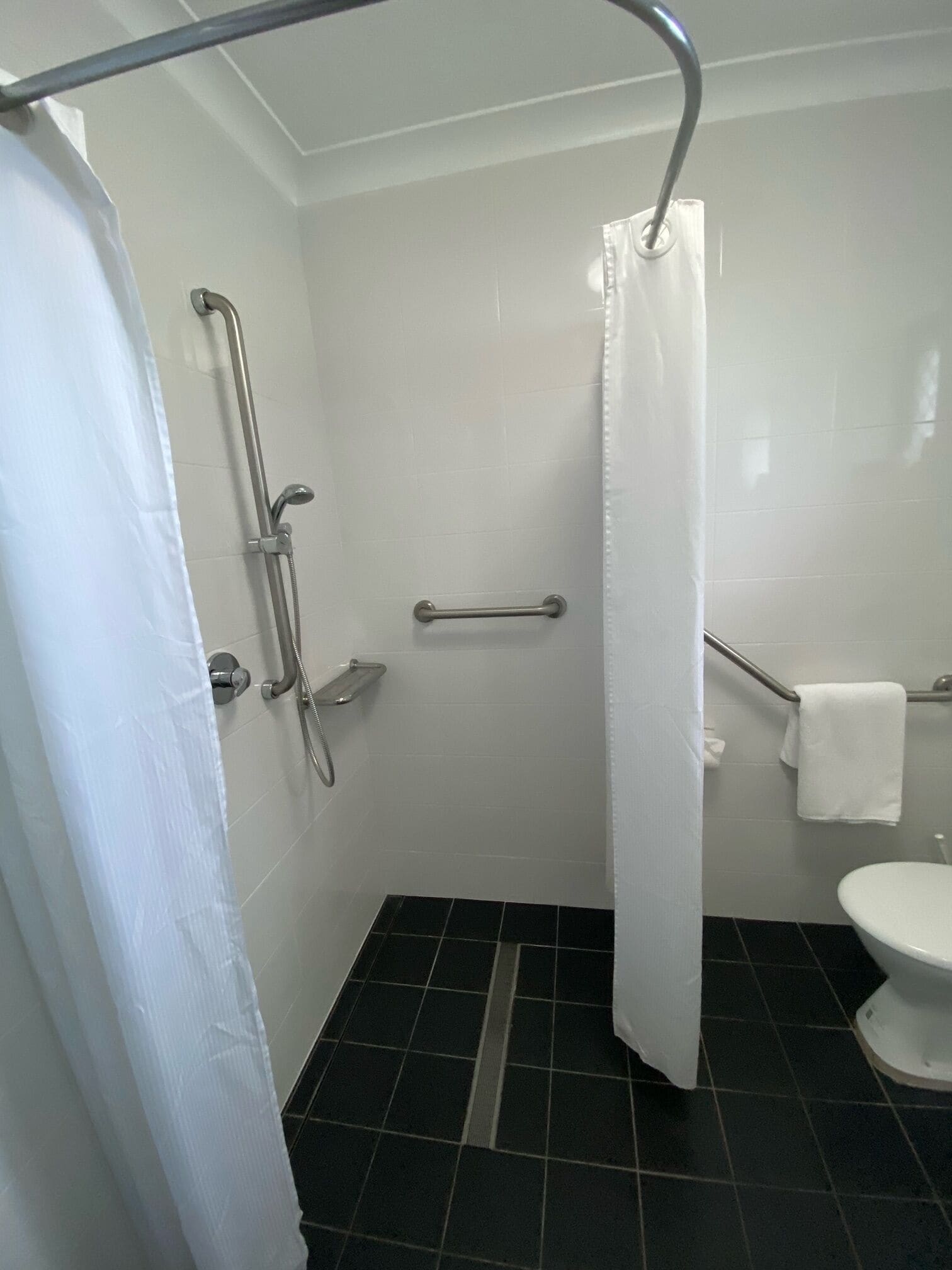 A bathroom with a shower, toilet, and a towel rack.