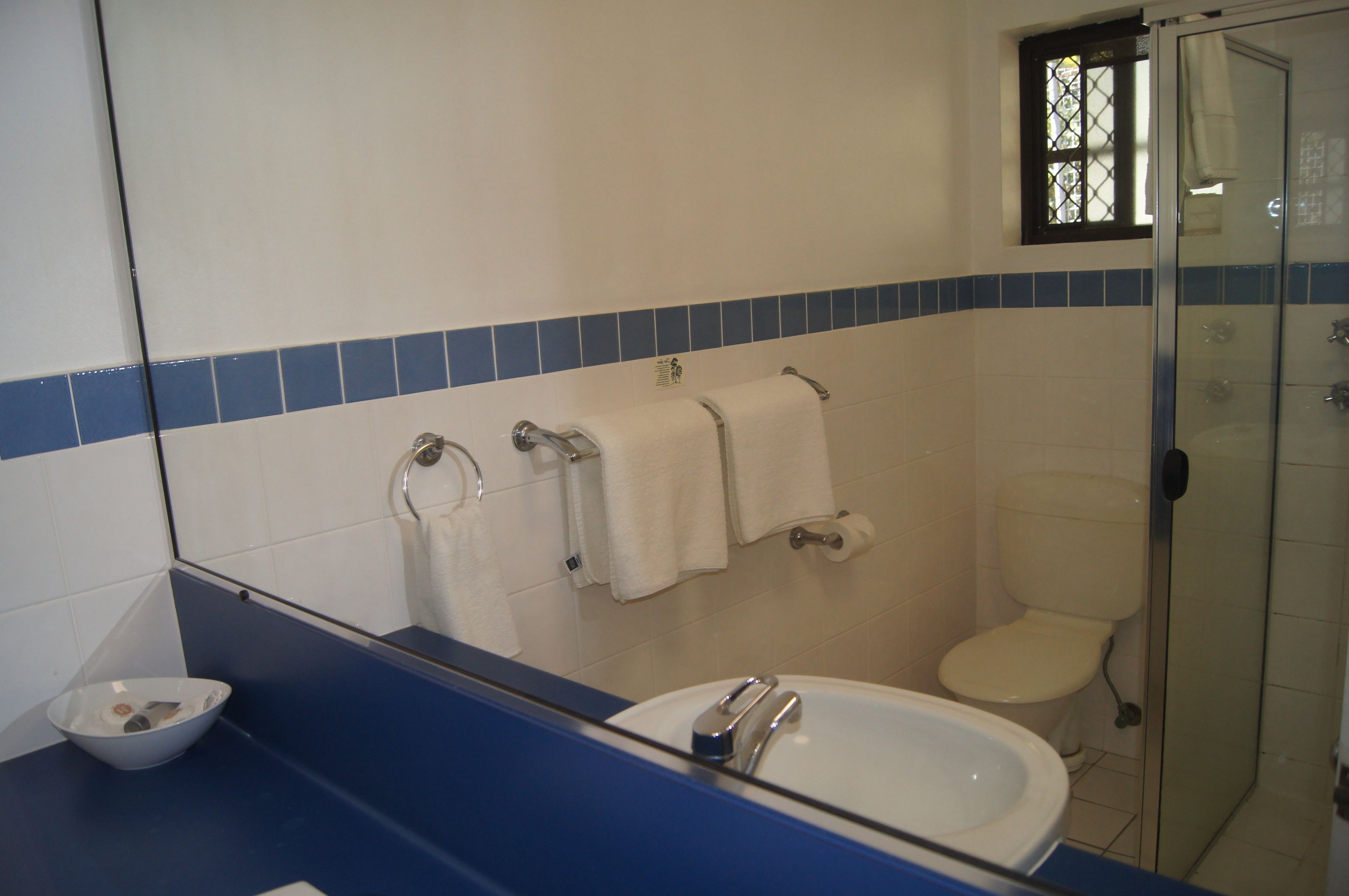 Un bagno con un lavandino bianco, uno spazio doccia in vetro e un WC.
