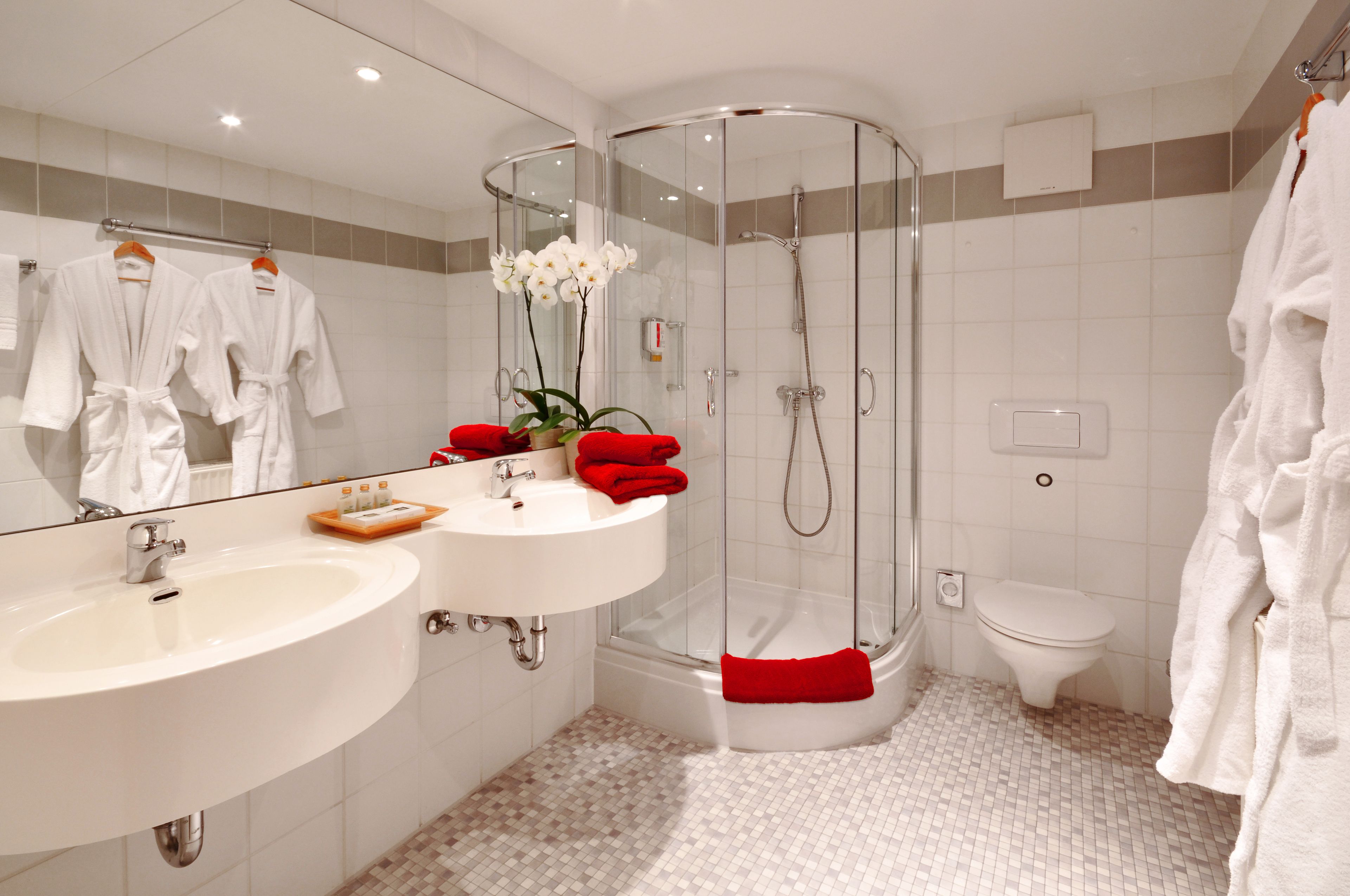 hydromassage showerhead, free toiletries, hair dryer, towels