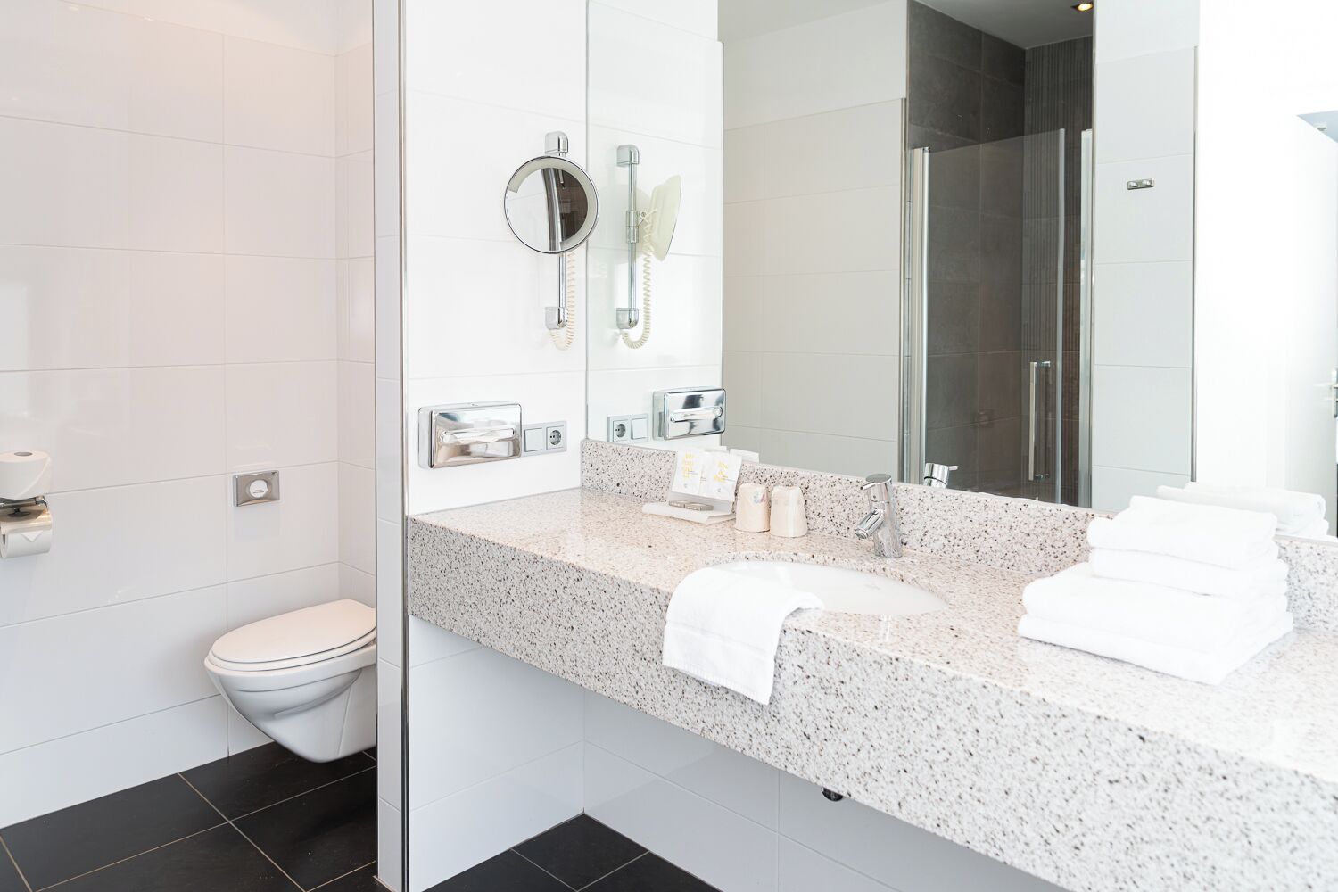 A modern bathroom with a granite countertop, a toilet, a glass shower enclosure, and a large mirror.