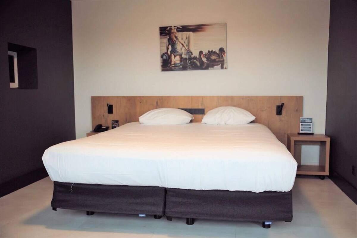 A modern bedroom with a large bed, a wooden headboard, a bedside table with a lamp, and a wall-mounted artwork.