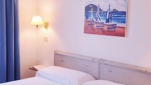 Desk, laptop workspace, blackout curtains, free WiFi